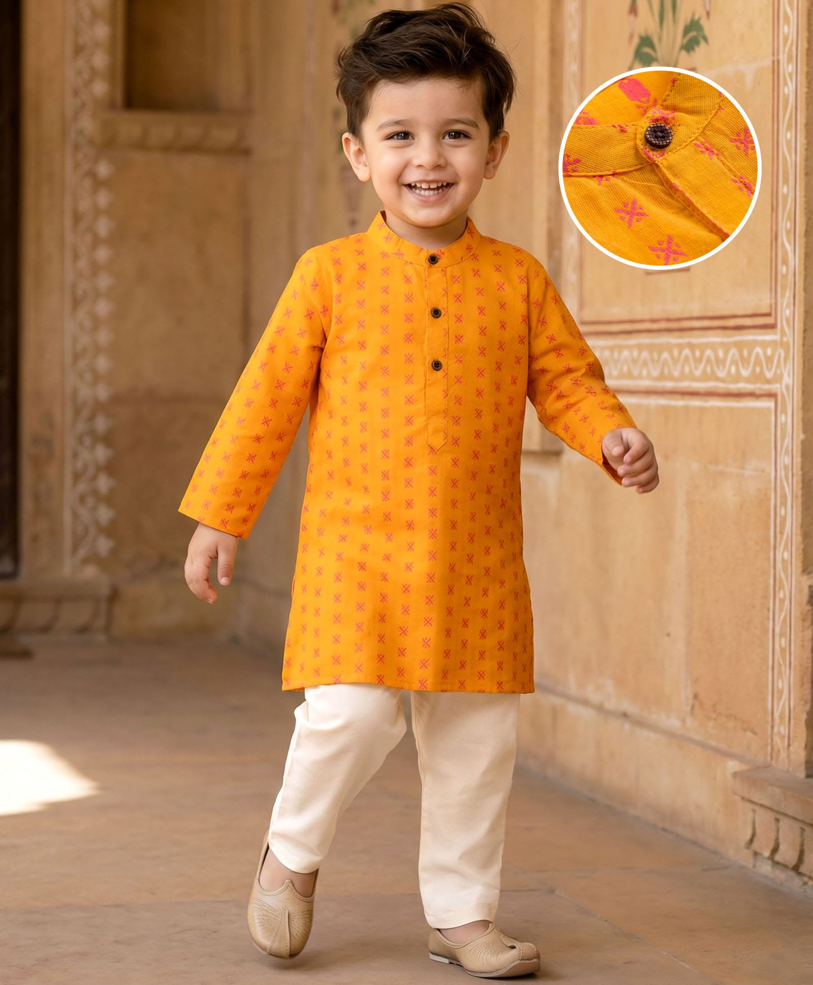 Babyhug Cotton Dobby Woven Full Sleeves Kurta Pajama Set with Motif Print- Mustard-picture-20