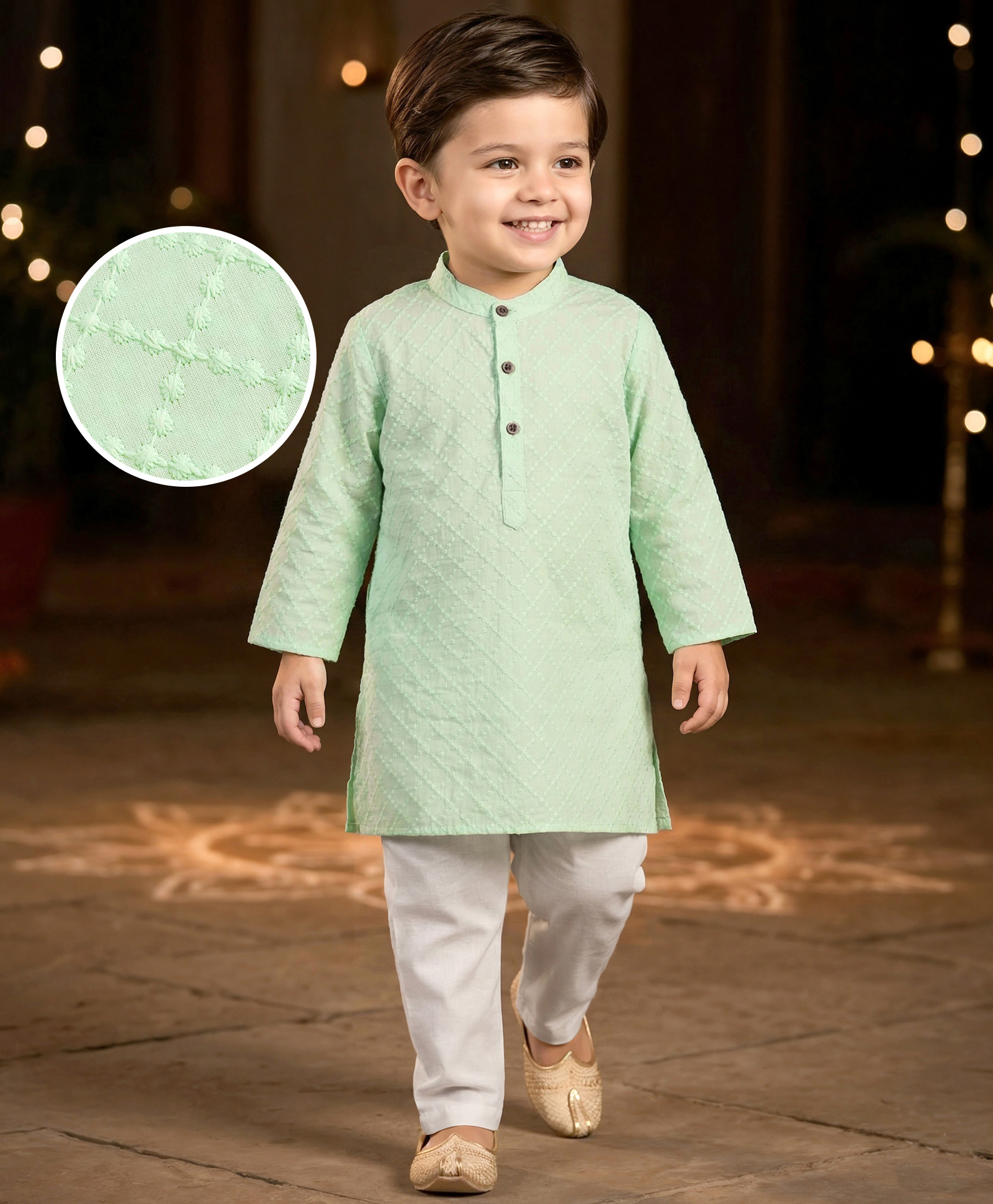 Babyhug Cambric Woven Full Sleeves Hakkoba Embroidered Kurta Pyjama Set - Mint Green-image-27