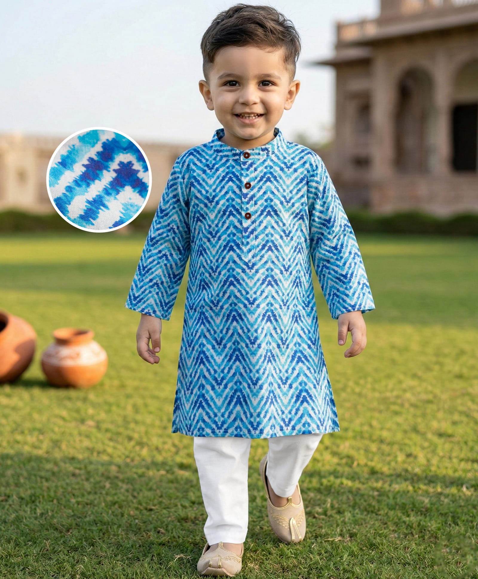 Babyhug Cambric Woven Full Sleeves Kurta Pajama Set with Chevron Print - Blue-picture-20