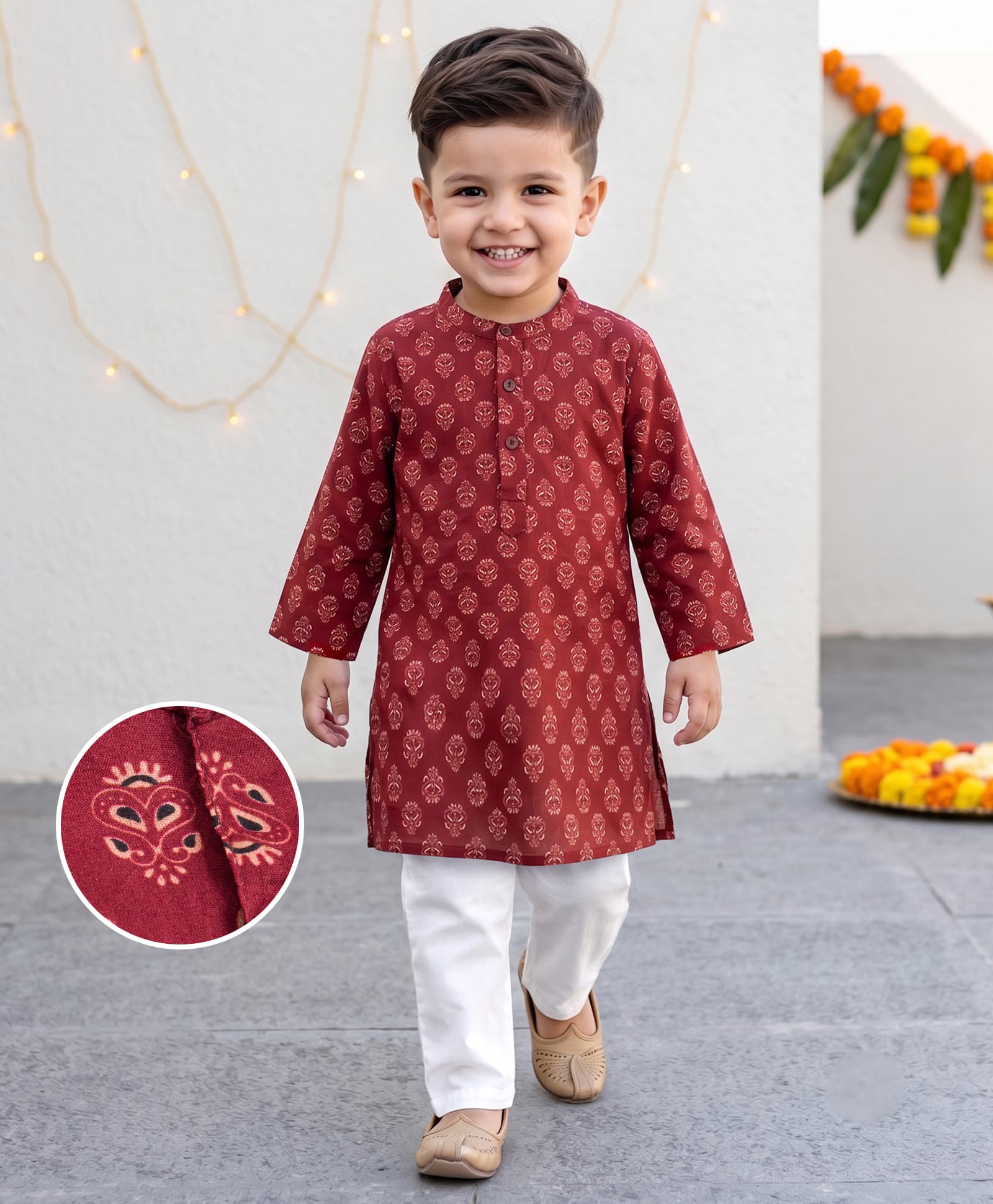 Babyhug 100% Cotton Woven Full Sleeves Cambric Printed Kurta Pyjama Set - Maroon-picture-20