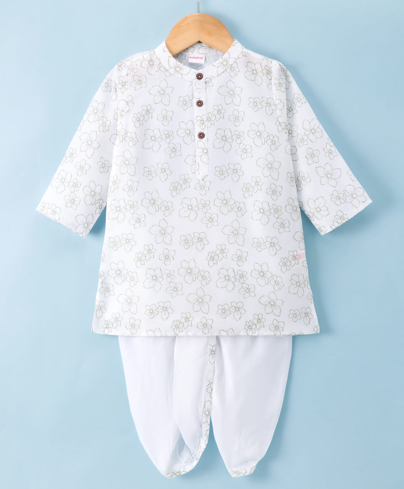 Babyhug Cambric Woven Full Sleeves Kurta Dhoti Set with Floral Print - White