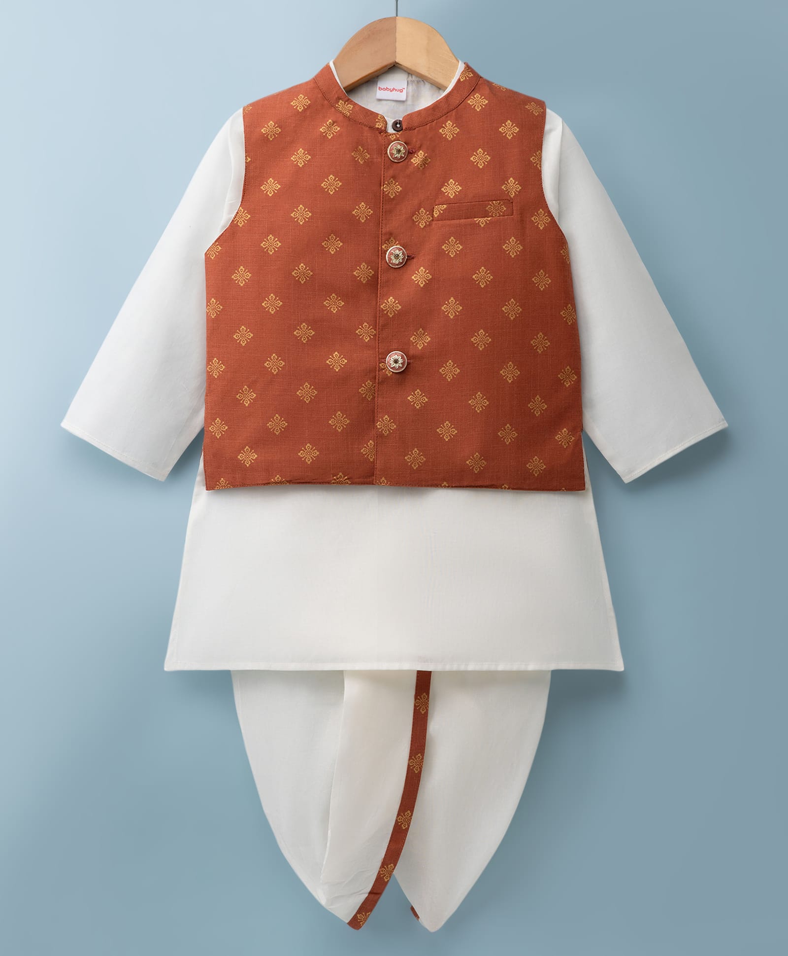 Babyhug Cambric Woven Full Sleeves Solid Kurta & Dhoti Set With Foil Printed Jacket - Rust Orange-picture-22