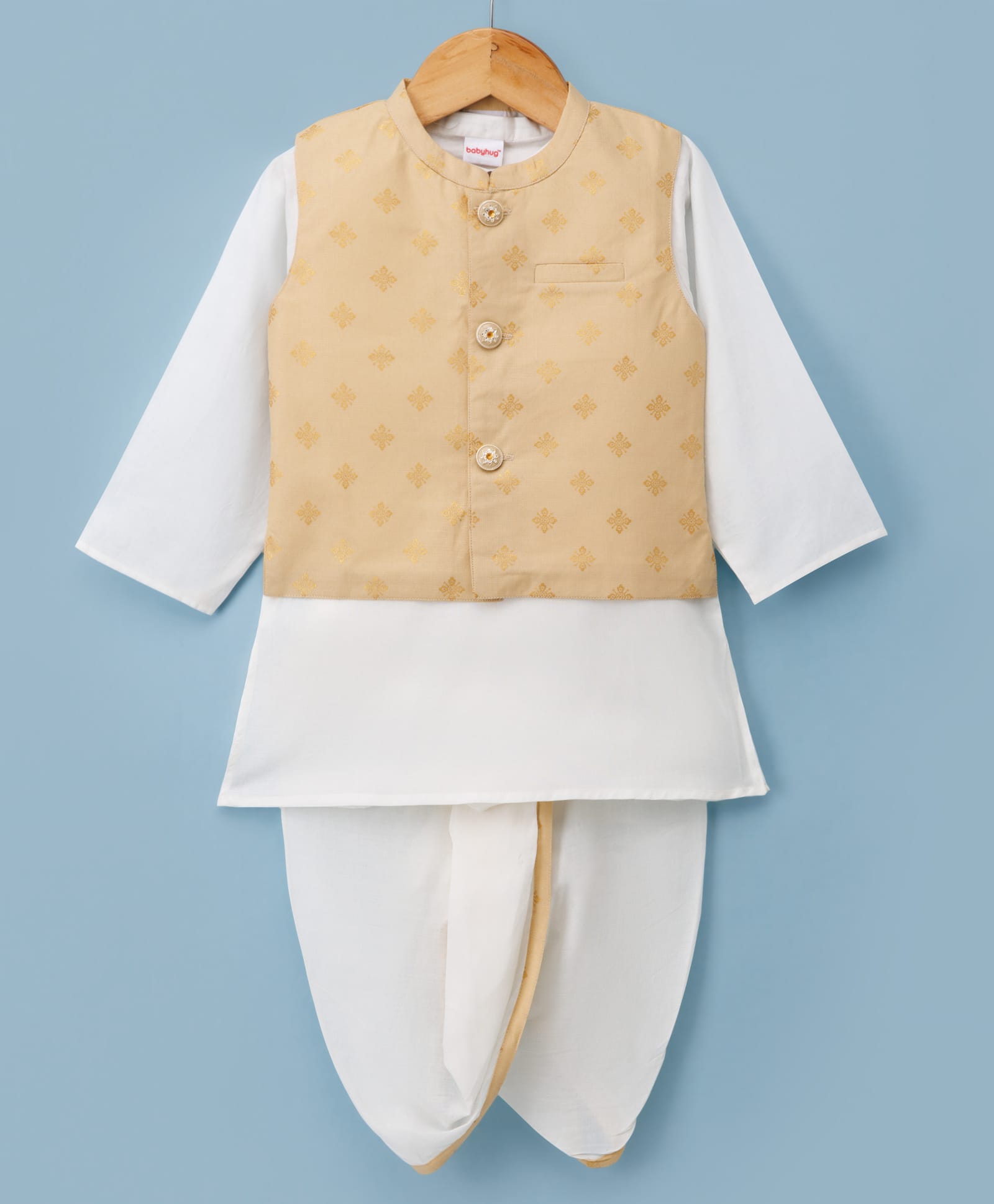 Babyhug Cambric Woven Full Sleeves Kurta Dhoti Set with Jacket & Motif Foil Print - Beige