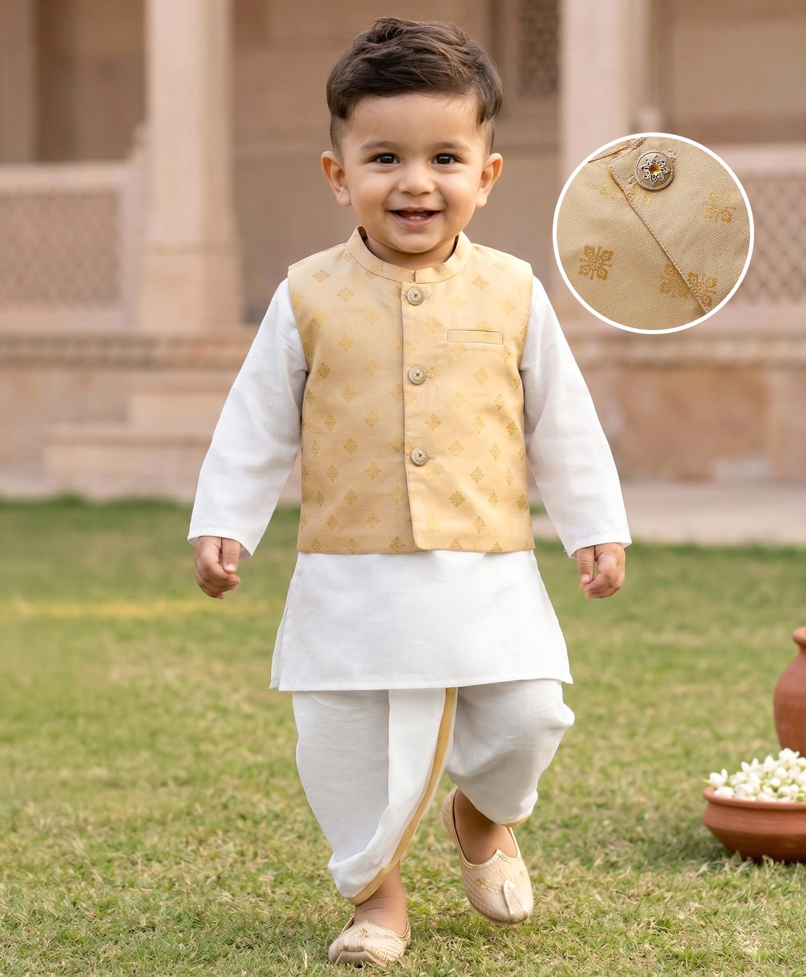 Babyhug Cambric Woven Full Sleeves Kurta Dhoti Set with Jacket & Motif Foil Print - Beige-image-40
