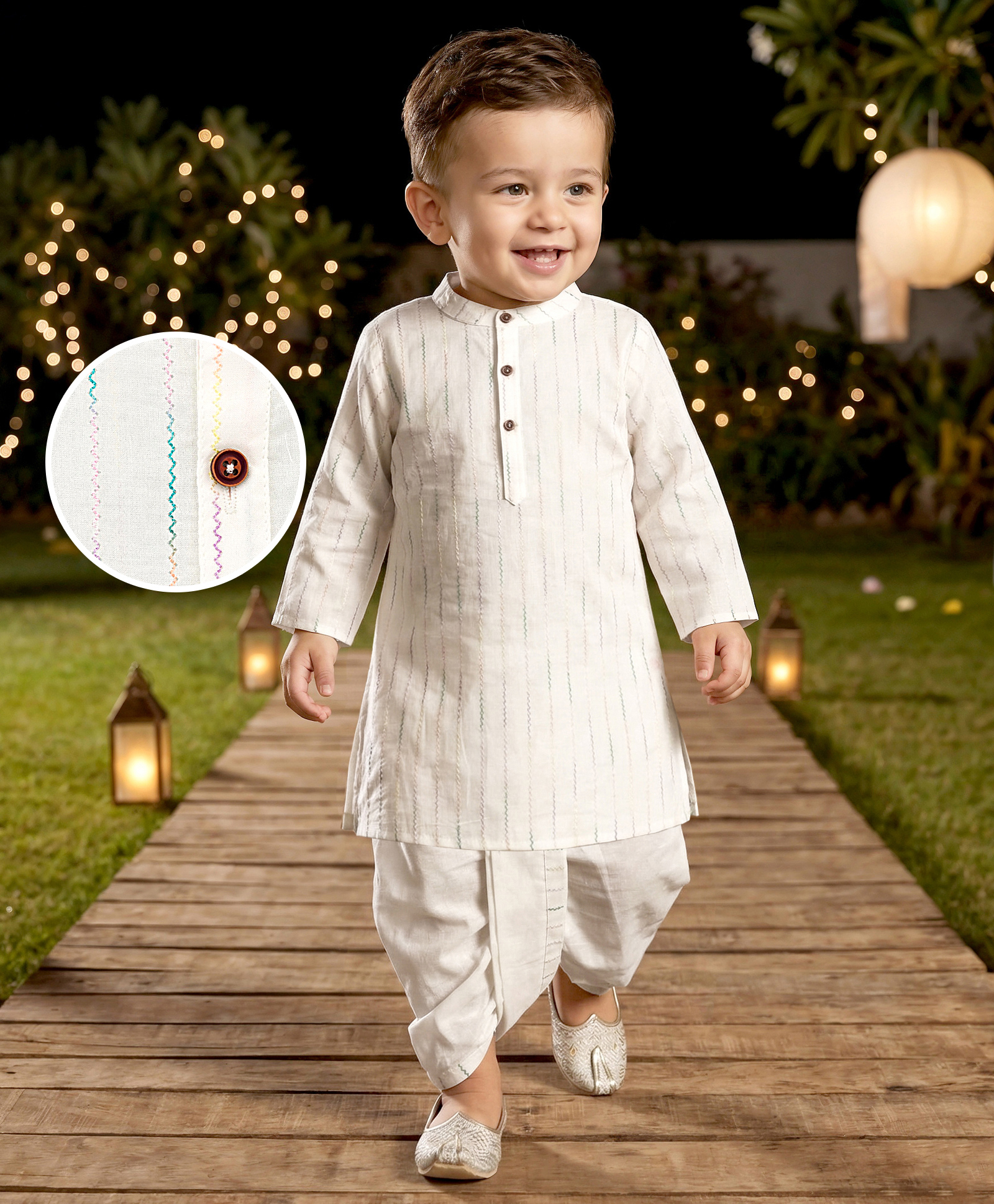 Babyhug 100% Cotton Dobby Woven Full Sleeves Kurta & Dhoti Set With Embroidery - Off White-picture-20