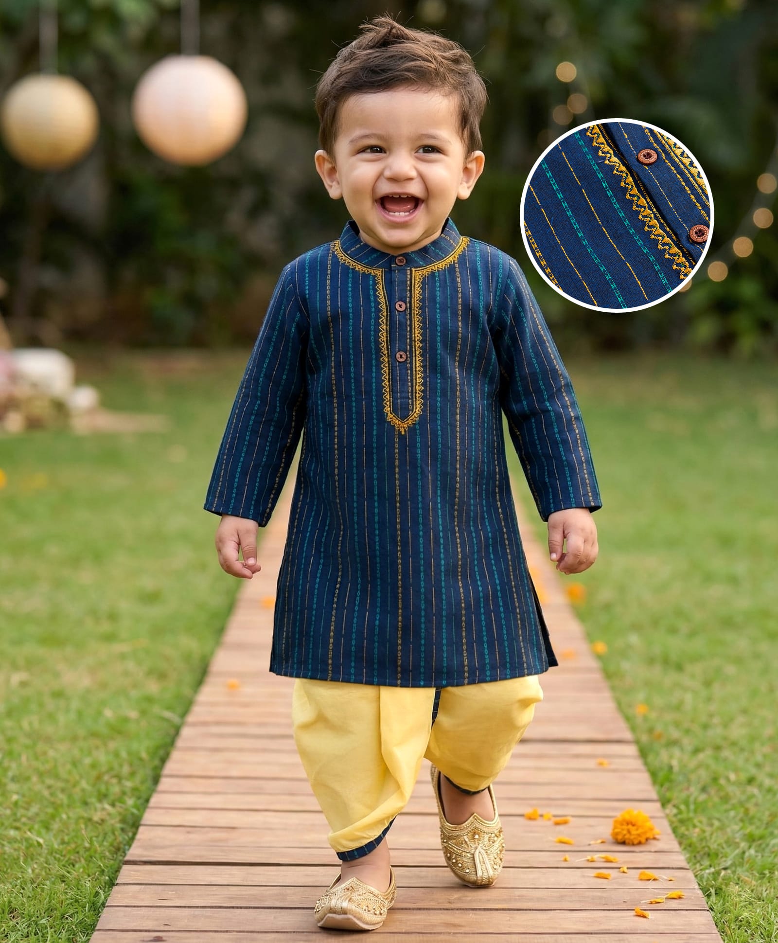 Babyhug 100% Cotton Dobby Woven Full Sleeves Striped Kurta Dhoti Set - Navy Blue-picture-30