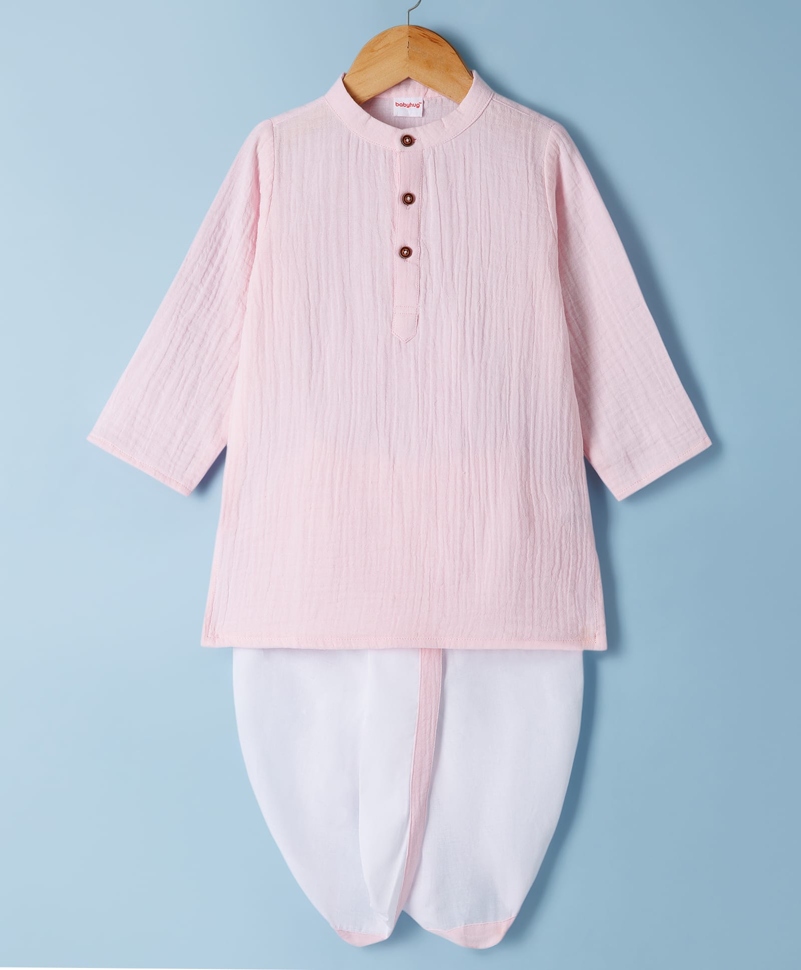 Babyhug Cotton Goss Woven Full Sleeves Solid Color Kurta Dhoti Set - Light Pink & White