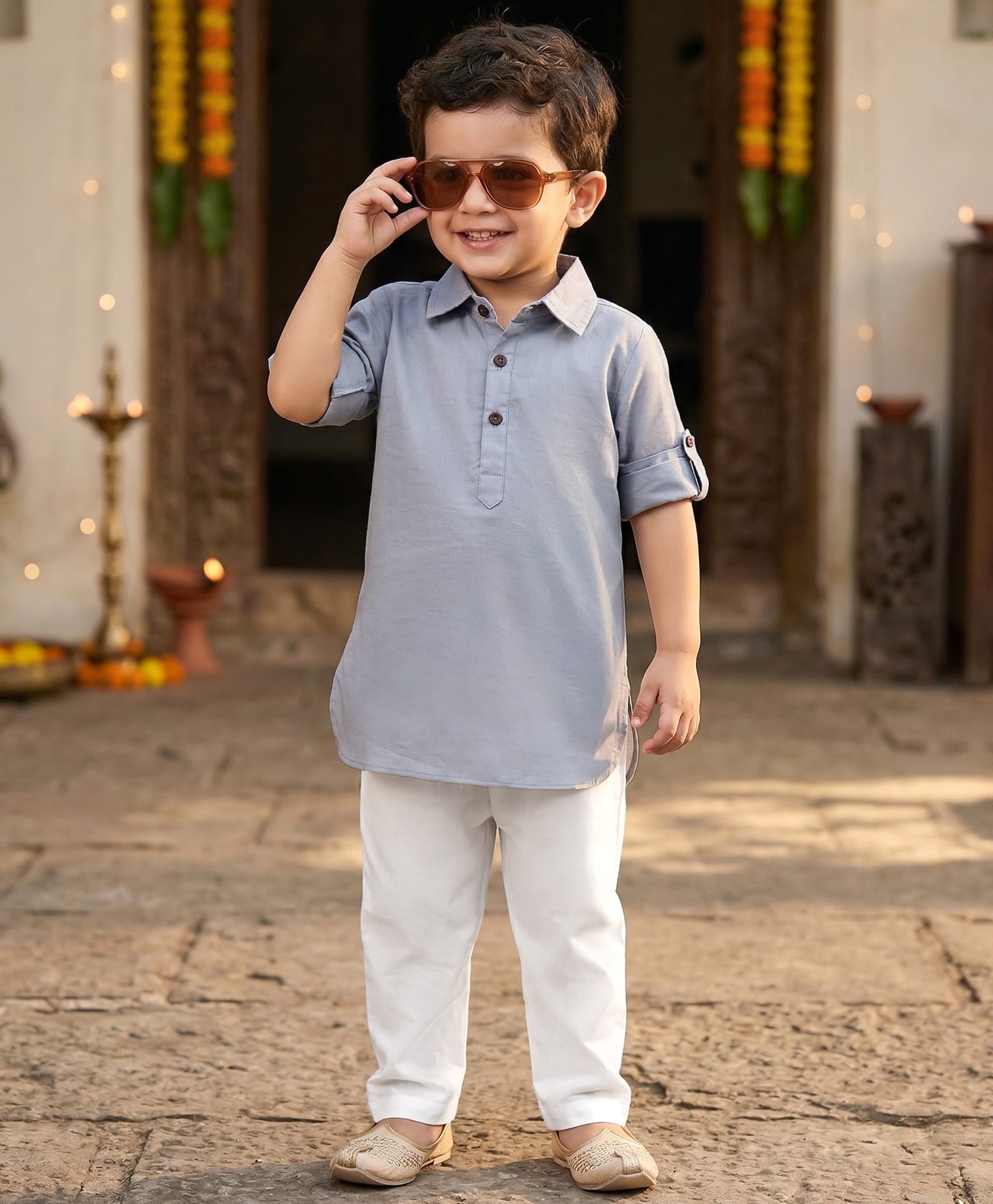 Babyhug 100% Cotton Woven Full Sleeves Solid Pathani Kurta & Pyjama Set - Grey-picture-22
