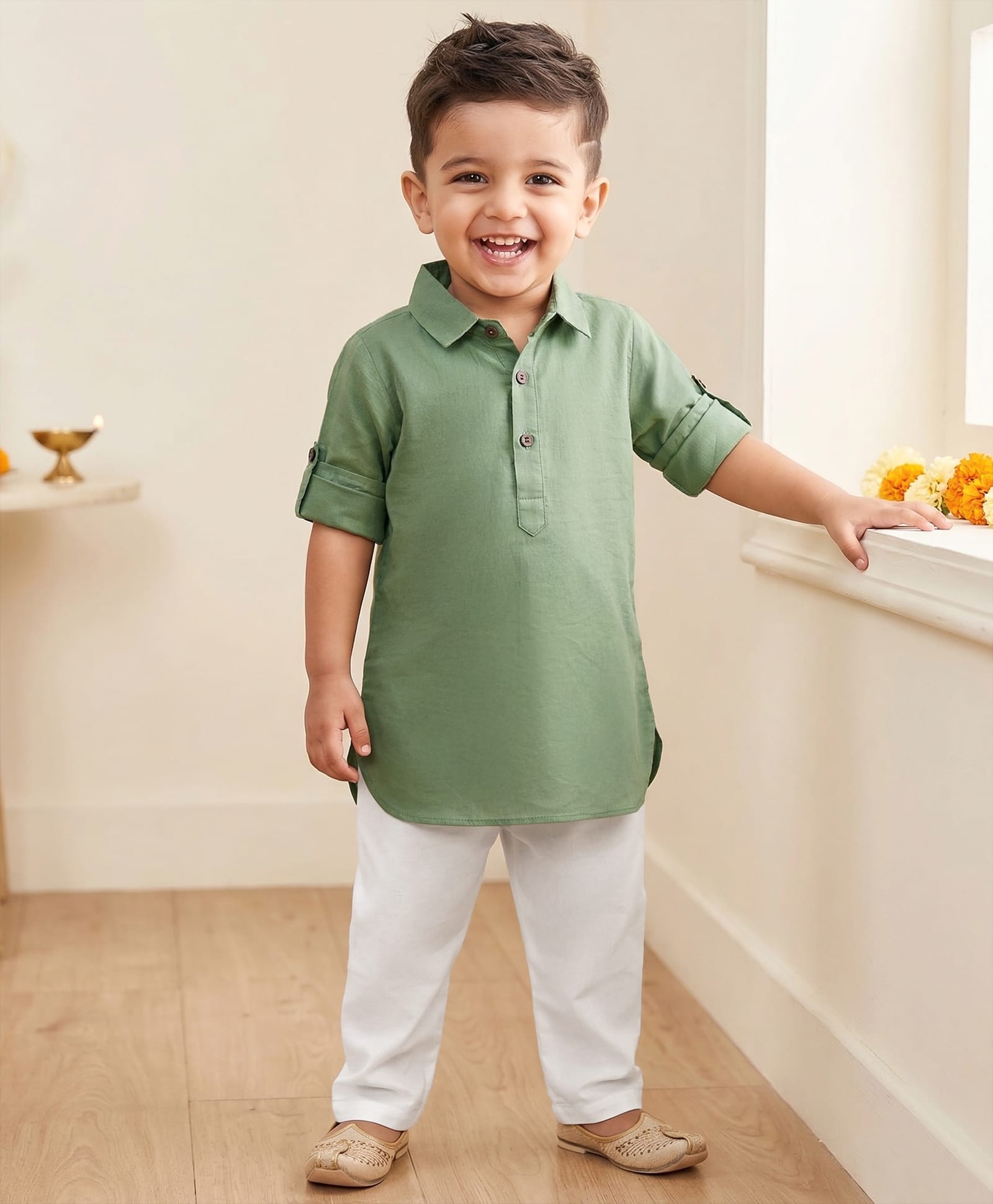 Babyhug 100% Cotton Woven Full Sleeves Solid Pathani Kurta & Pyjama Set - Olive Green-picture-21