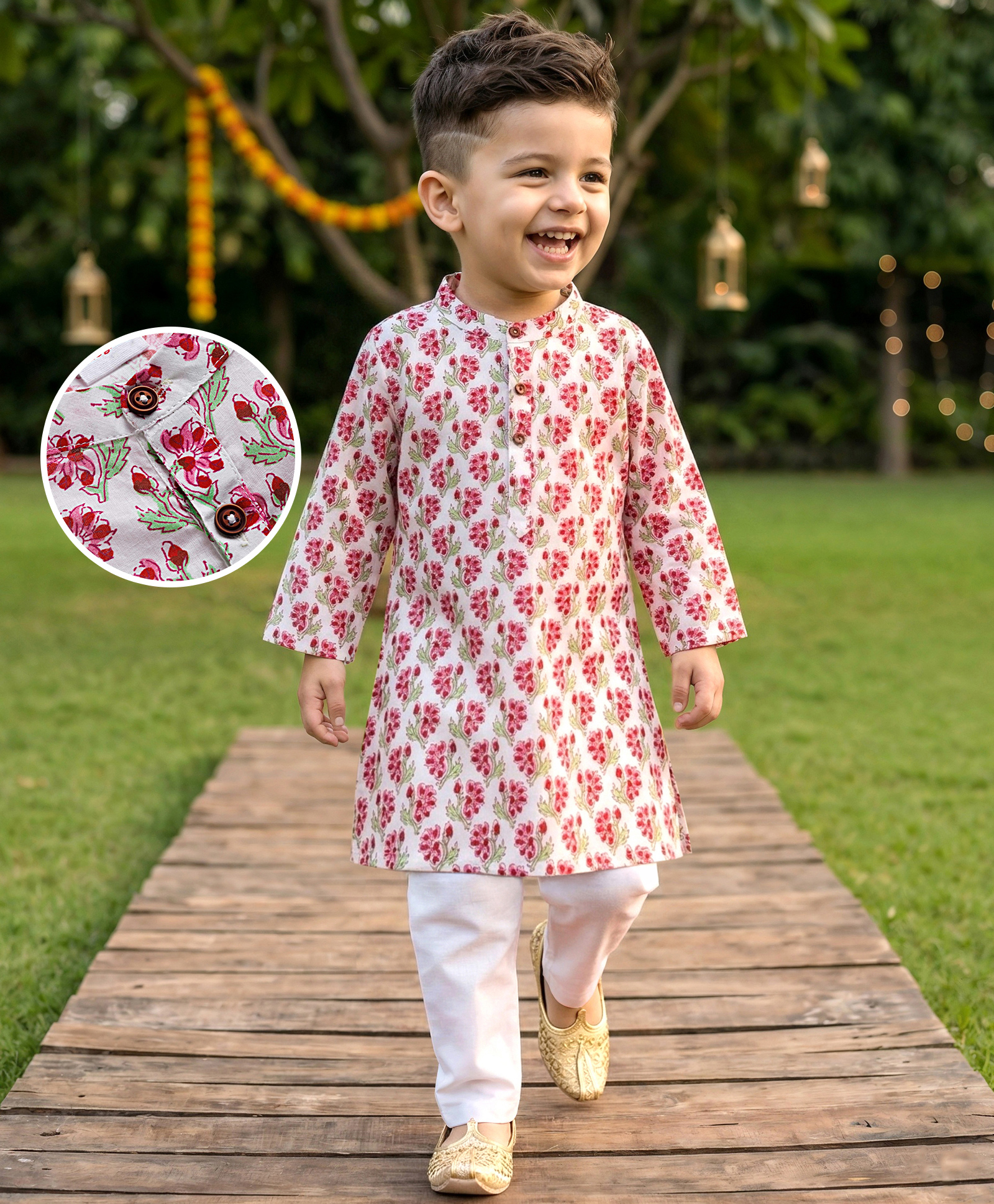Babyhug Cambric Woven Full Sleeves Kurta Pyjama Set With Floral Print - White-picture-22