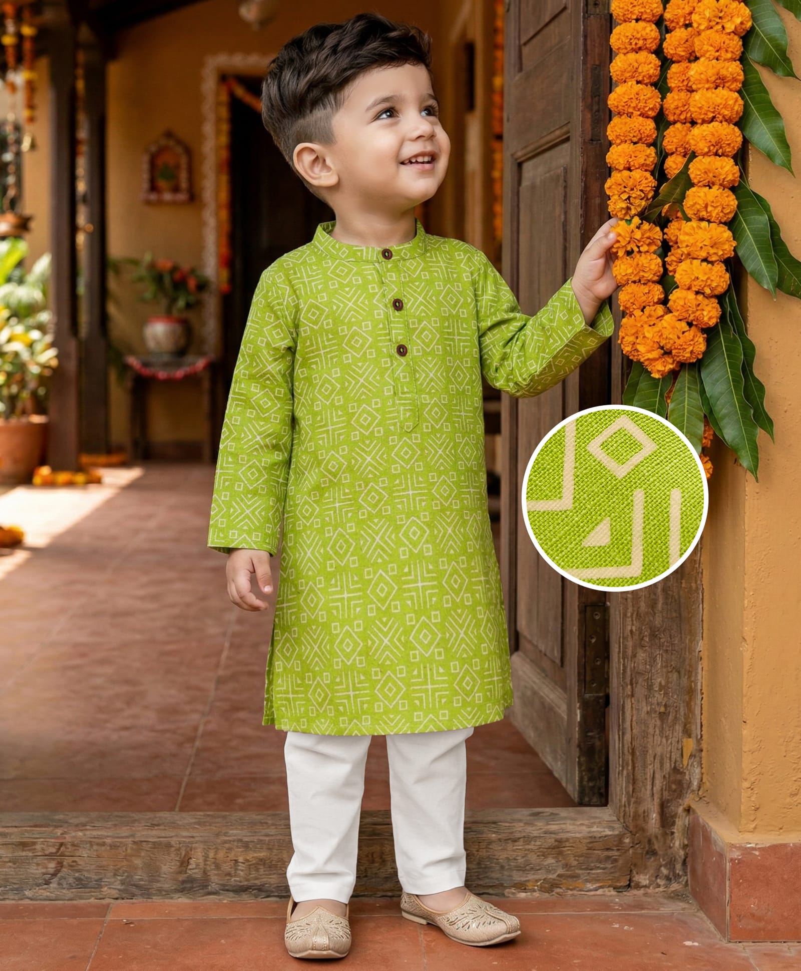 Babyhug Cambric Woven Full Sleeves Kurta Pajama Set with Abstract Print - Green-image-41