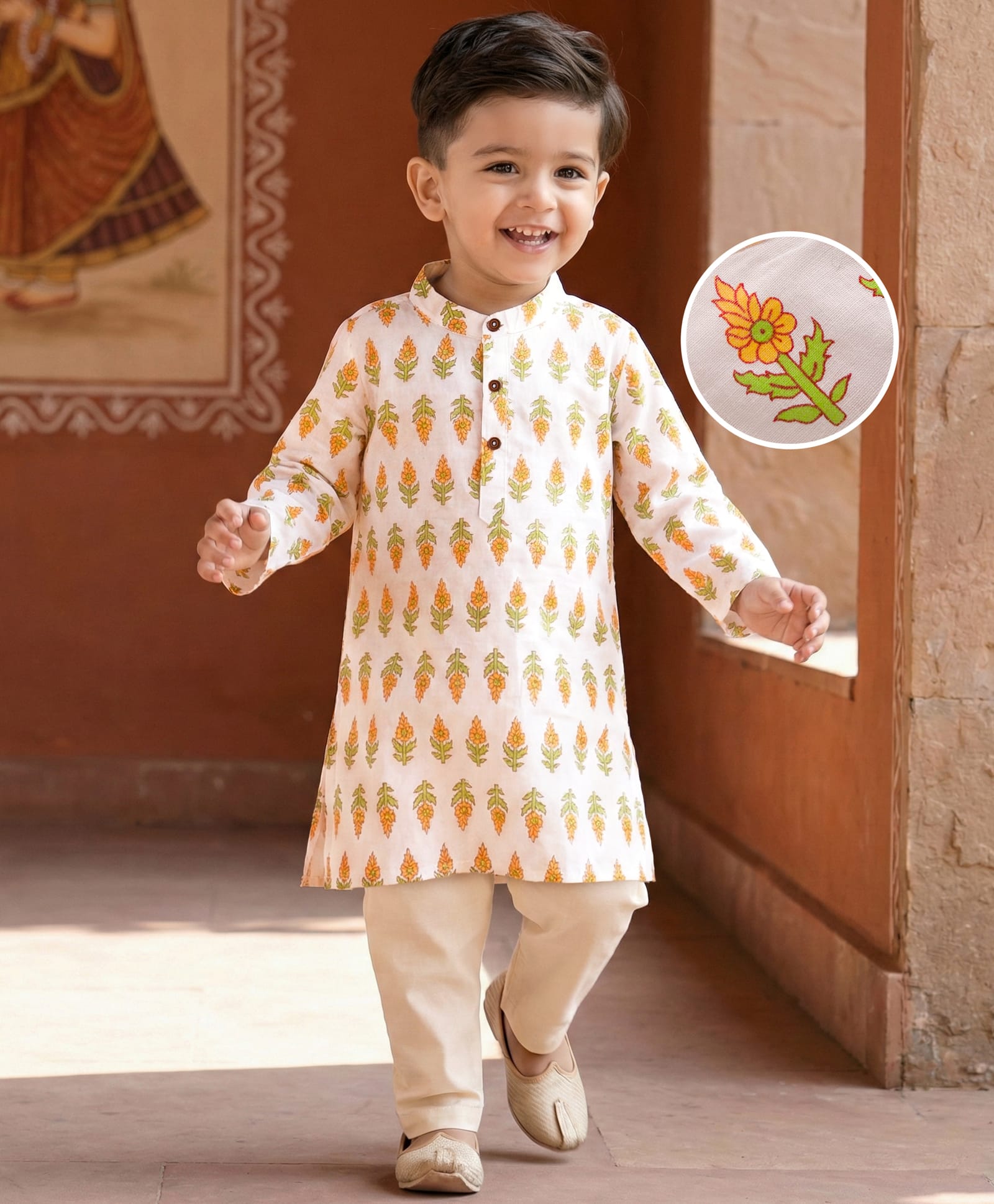 Babyhug Cambric Woven Full Sleeves Kurta Pajama Set with Floral Print - White-picture-22