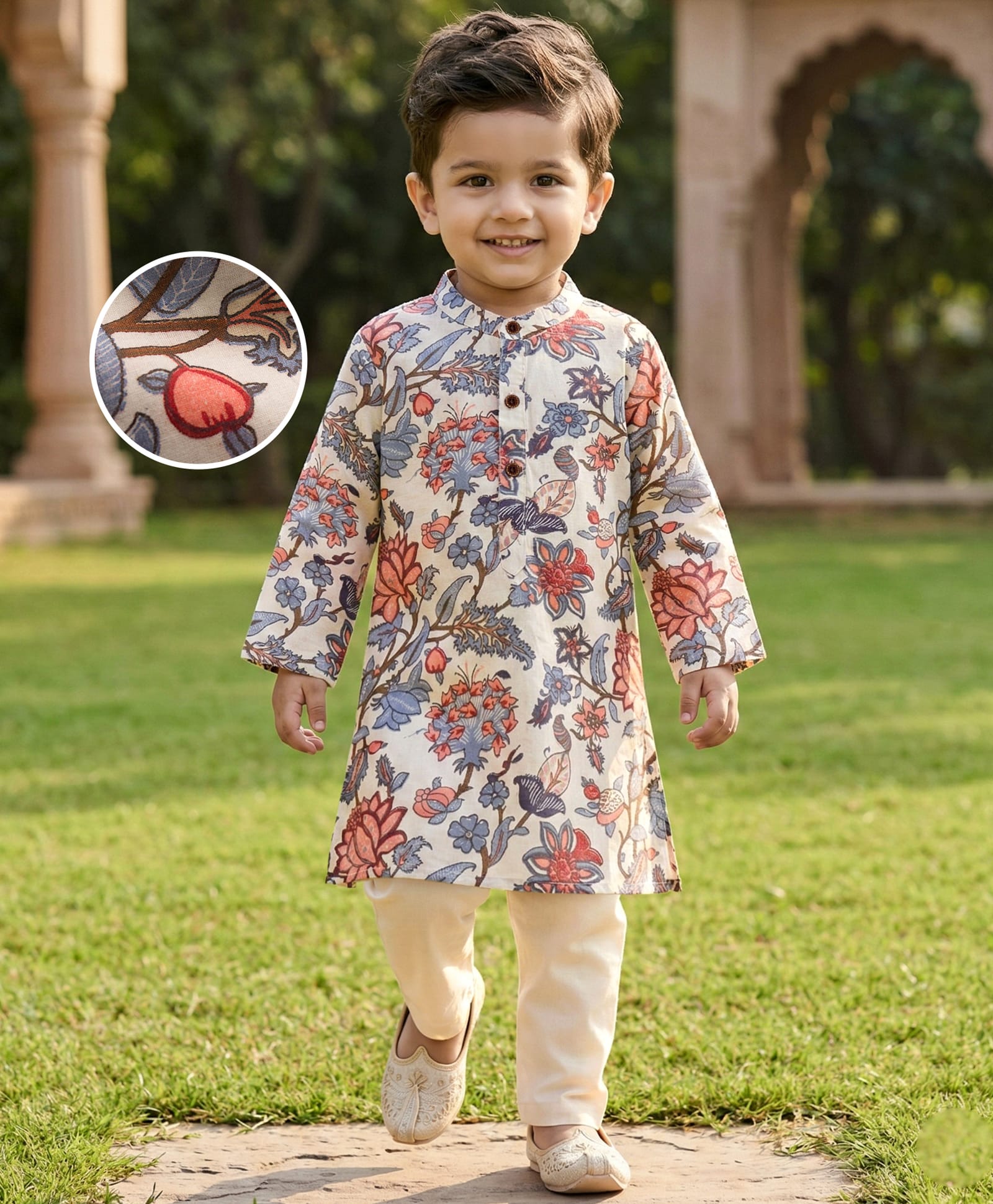 Babyhug Cambric Woven Full Sleeves Kurta Dhoti Set with Floral Print - Off White-image-23