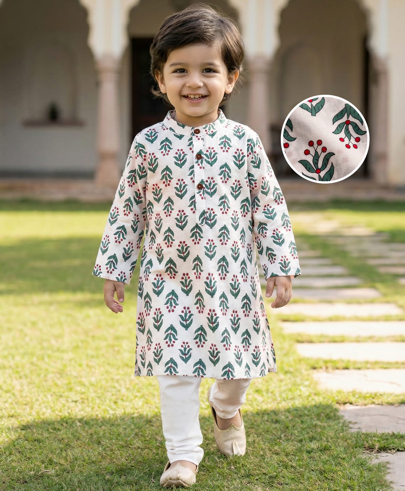 Babyhug Cambric Woven Full Sleeves Kurta Pajama Set with Floral Print - White-picture-24