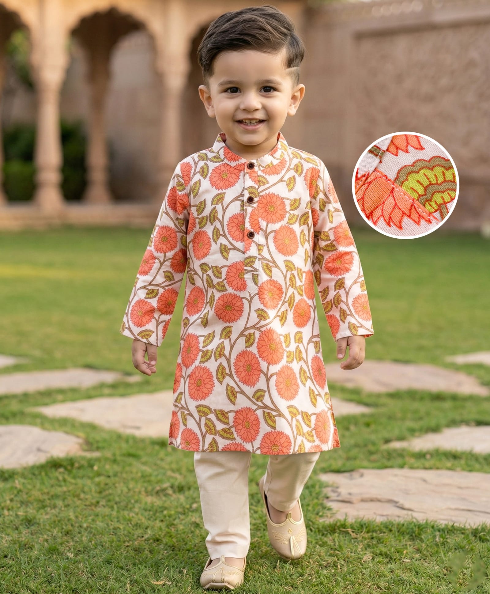 Babyhug Cambric Woven Full Sleeves Kurta Dhoti Set with Floral Print - Off White-image-43