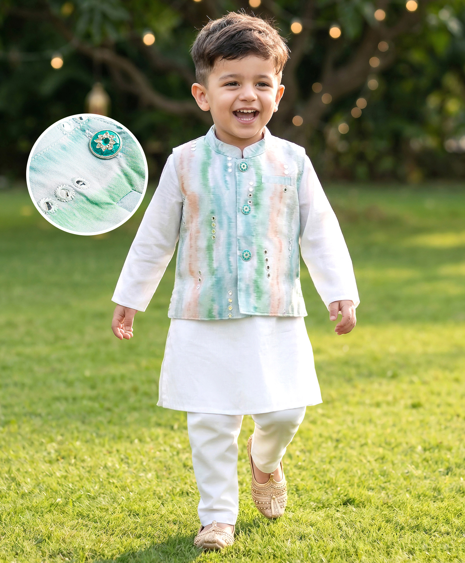 Babyhug Cambric Woven Full Sleeves Kurta Pyjama Set With Printed Nehru Jacket - White-picture-30