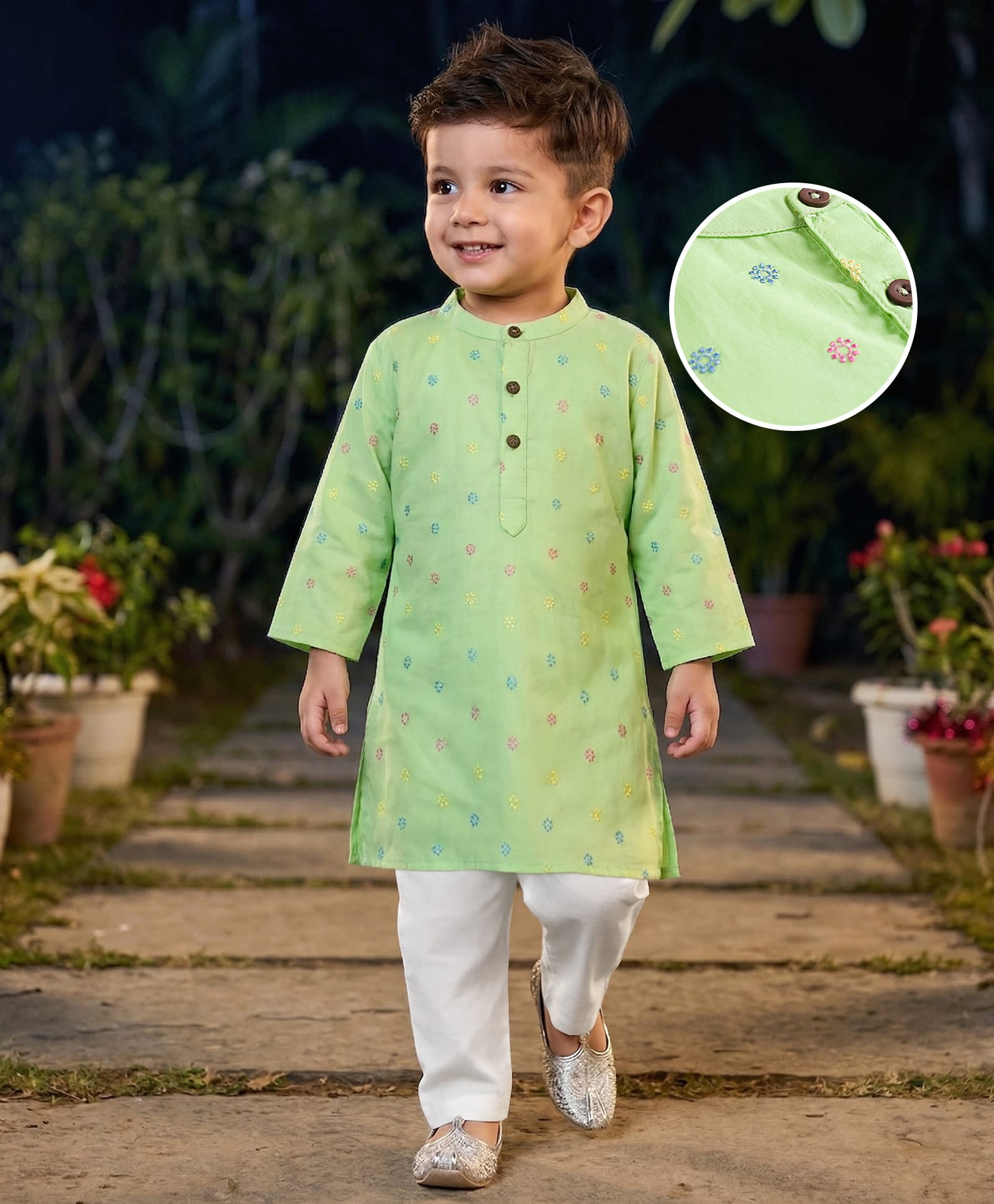 Babyhug 100% Cotton Woven Cambric Full Sleeves Floral Embroidered Kurta Pyjama Set - Light Green-picture-33