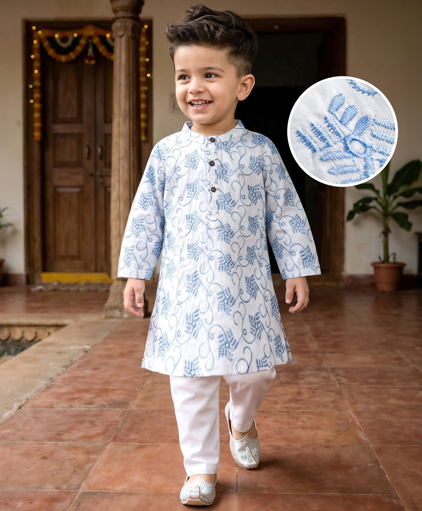 Babyhug Cambric Woven Full Sleeves Embroidered Kurta & Pyjama Set - White-picture-26