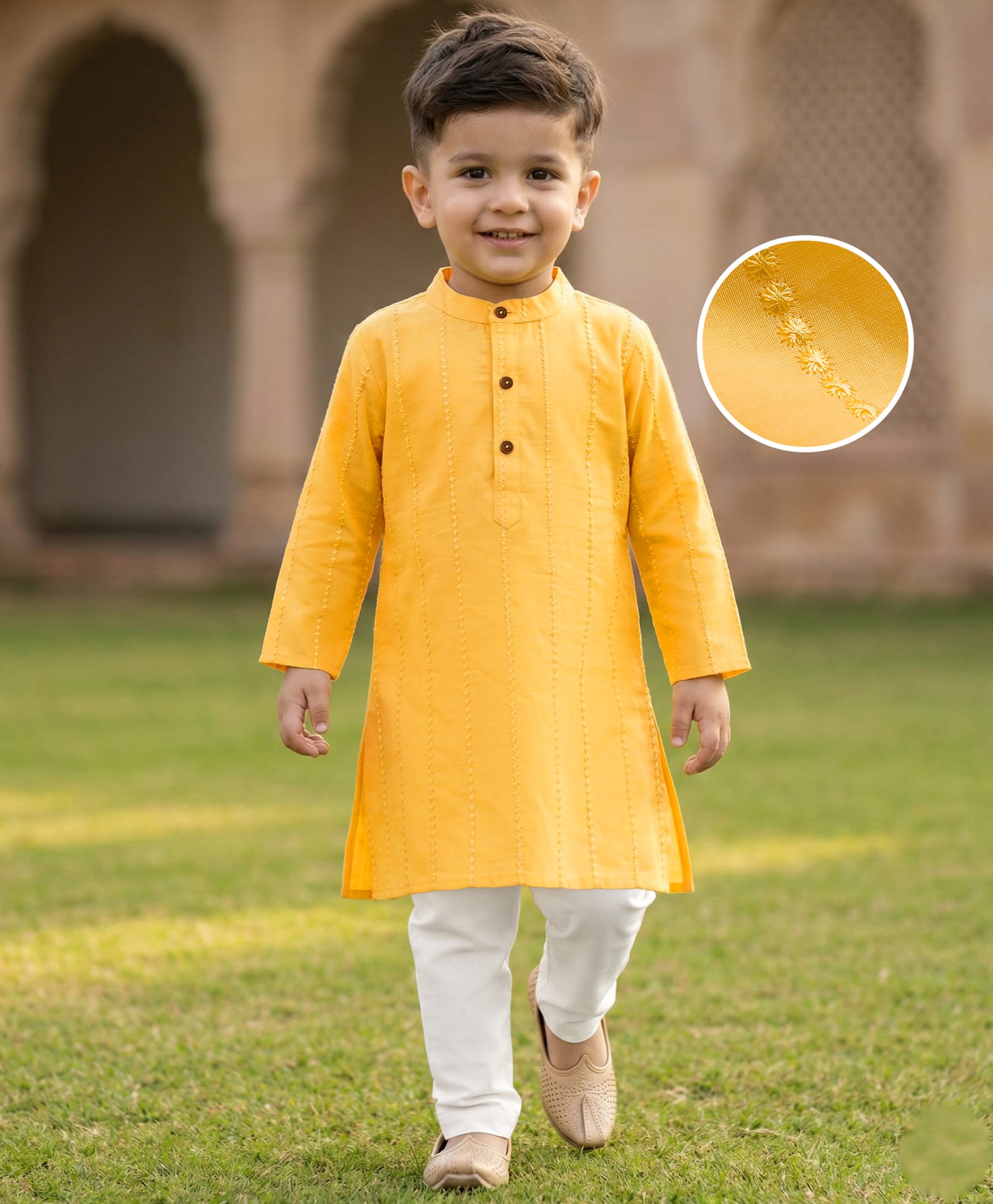 Babyhug 100% Cotton Woven Cambric Full Sleeves Embroidered Kurta & Pyjama Set - Yellow-picture-26