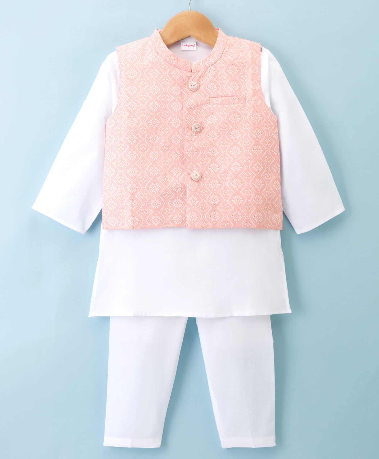 Babyhug Cambric Woven Full Sleeves Kurta Pajama Set with Jacket & Motif Print- Pink & White