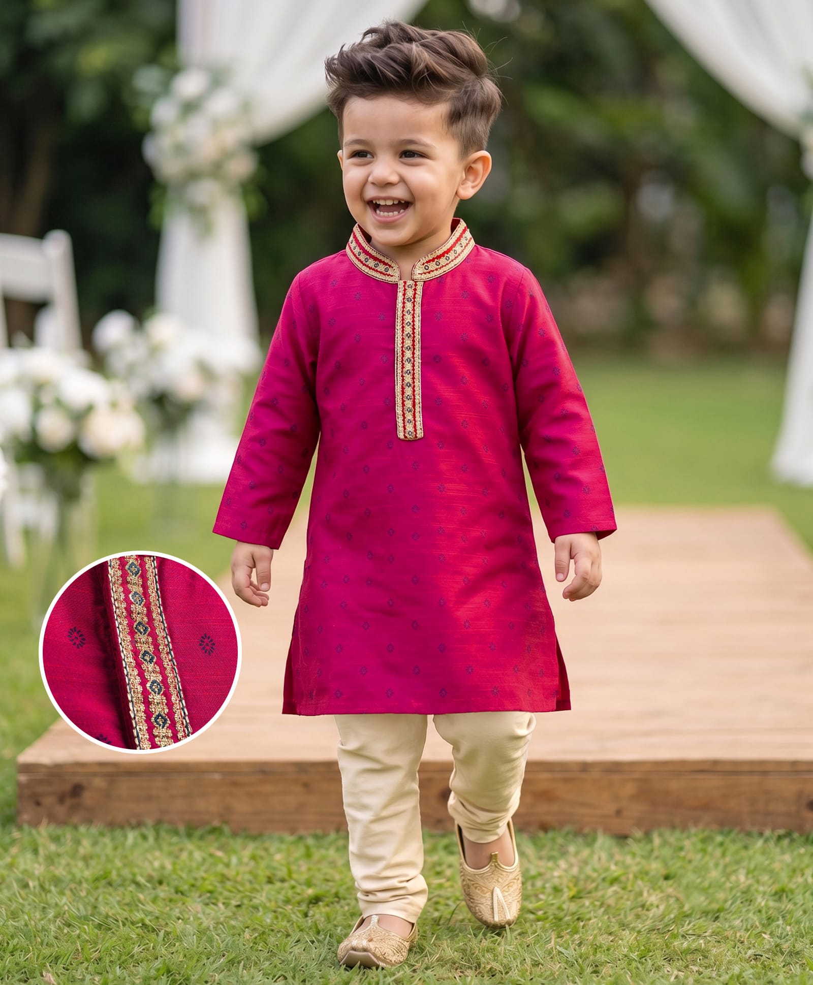 Babyhug Woven Full Sleeves Dobby Kurta Pajama Set with Embroidery - Fuchsia-image-25
