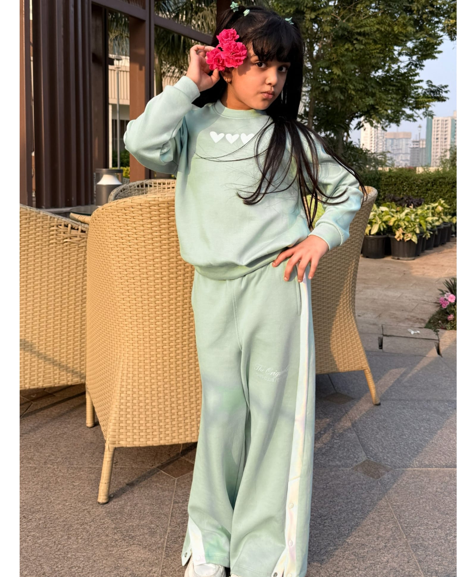 Nap Chief Modal Blend Knit Full Sleeves Heart Printed Winter Sweatshirt & Pants Set - Light Green-image-21