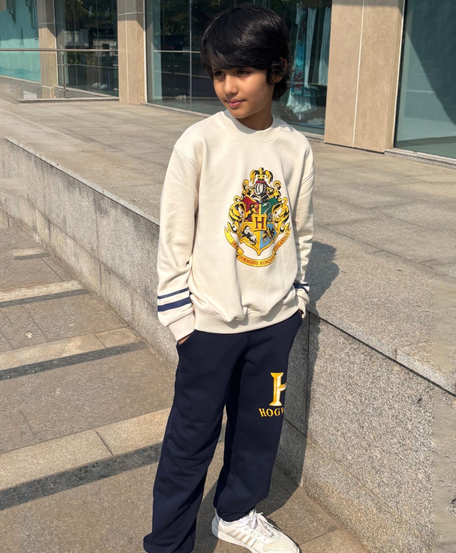 Nap Chief Cotton Blend Knit Warner Bros Featuring Full Sleeves Harry Potter Hogwarts Printed Winter Sweatshirt & Joggers Set - Off White-picture-12