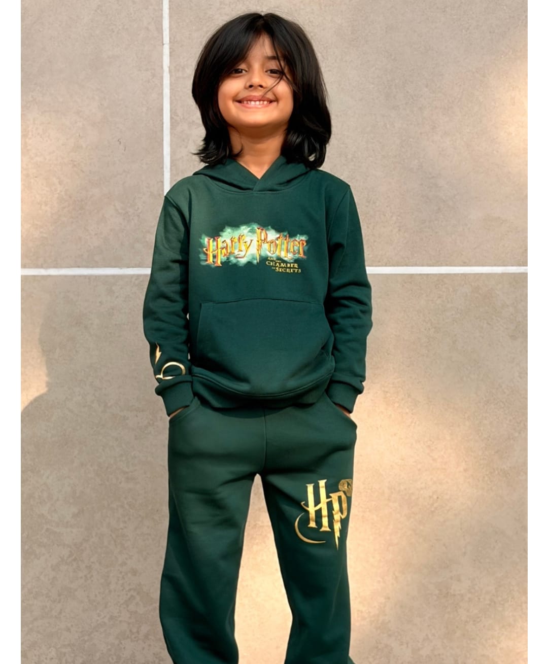 Nap Chief Cotton Blend Knit Warner Bros Featuring Full Sleeves Harry Potter Text Printed Winter Hooded Sweatshirt & Joggers Set - Bottle Green-image-45