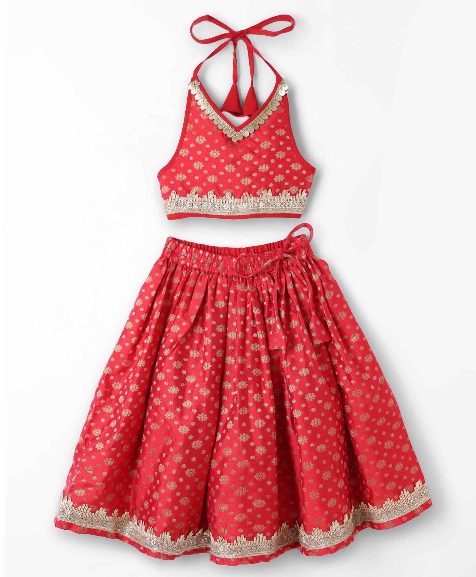Saka Designs Cotton Woven Sleeveless Floral Foil Printed Backless & Halter Neck Choli Lehenga Set With Lace Detailing - Red-image-31
