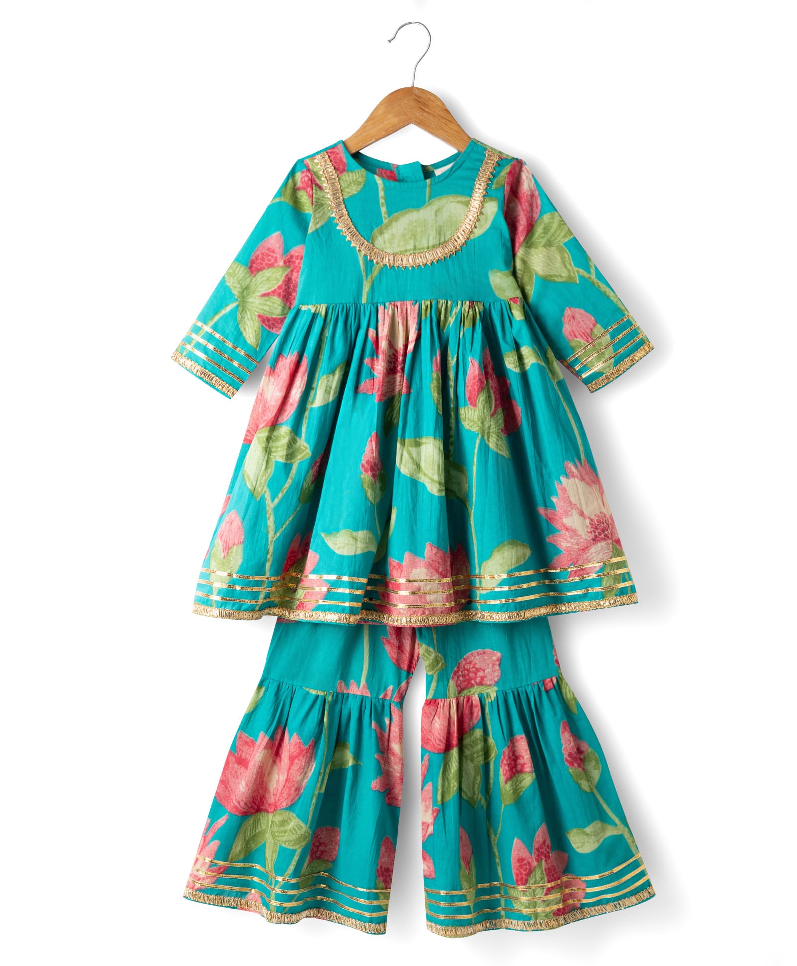 Saka Designs Cotton Woven Three Forth Sleeves Floral Printed Kurti & Gharara Set - Teal Blue-image-28