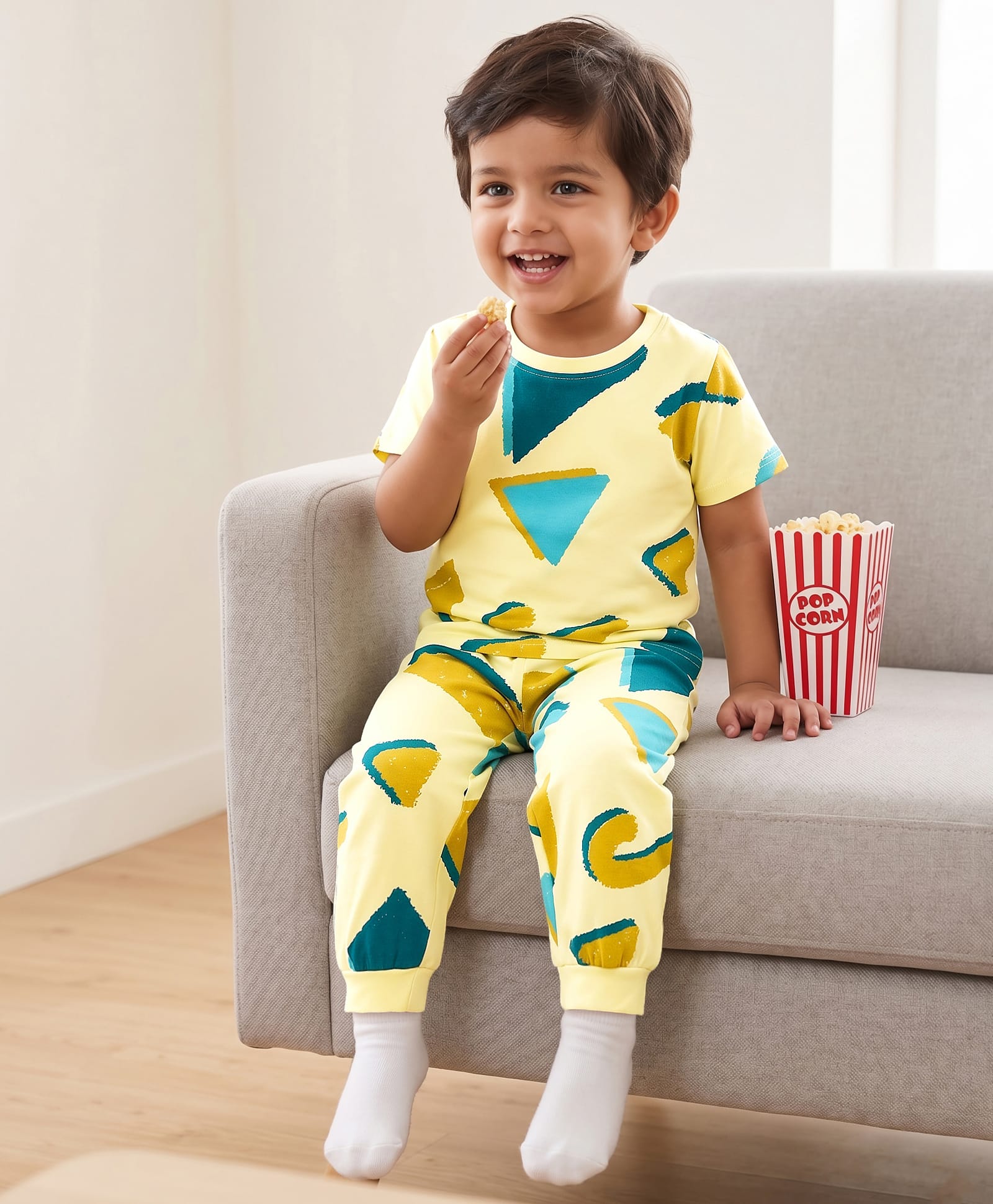 kookie kids india Kookie Kids Single Jersey Knit Half Sleeves Night Suit With Traingle Print - Yellow-picture-24