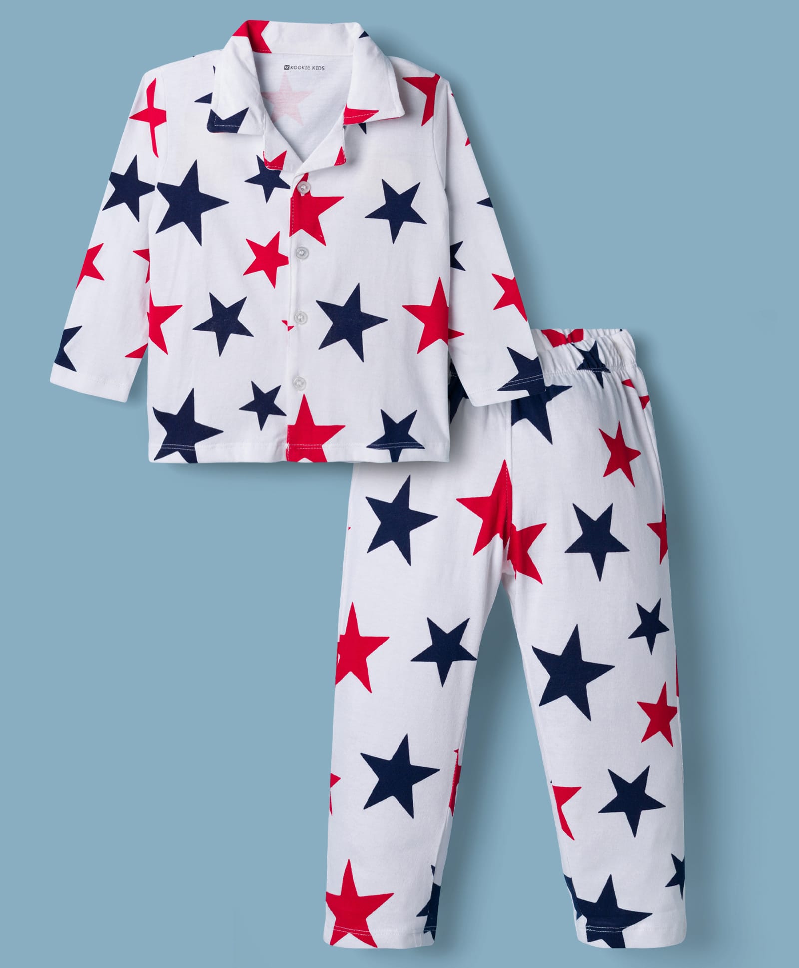 kookie kids india Kookie Kids Single Jersey Knit Full Sleeves Shirt & Pyjama Co-ord Night Suit With Star Print - White-picture-36