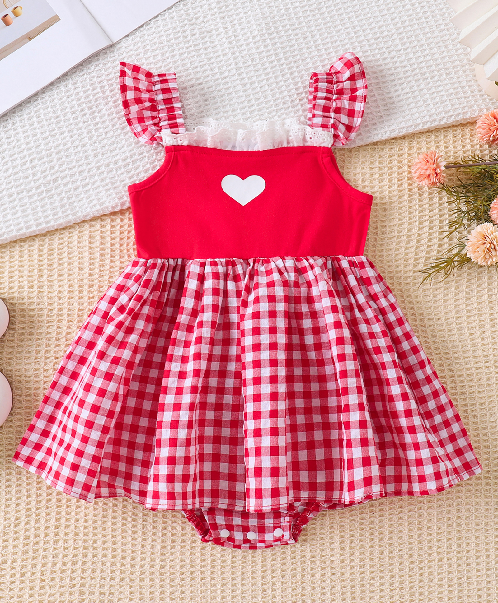 Mark & Mia Frill Sleeves Checkered Frock Style Onesie with Heart Print & Lace Detailing - Red-image-34