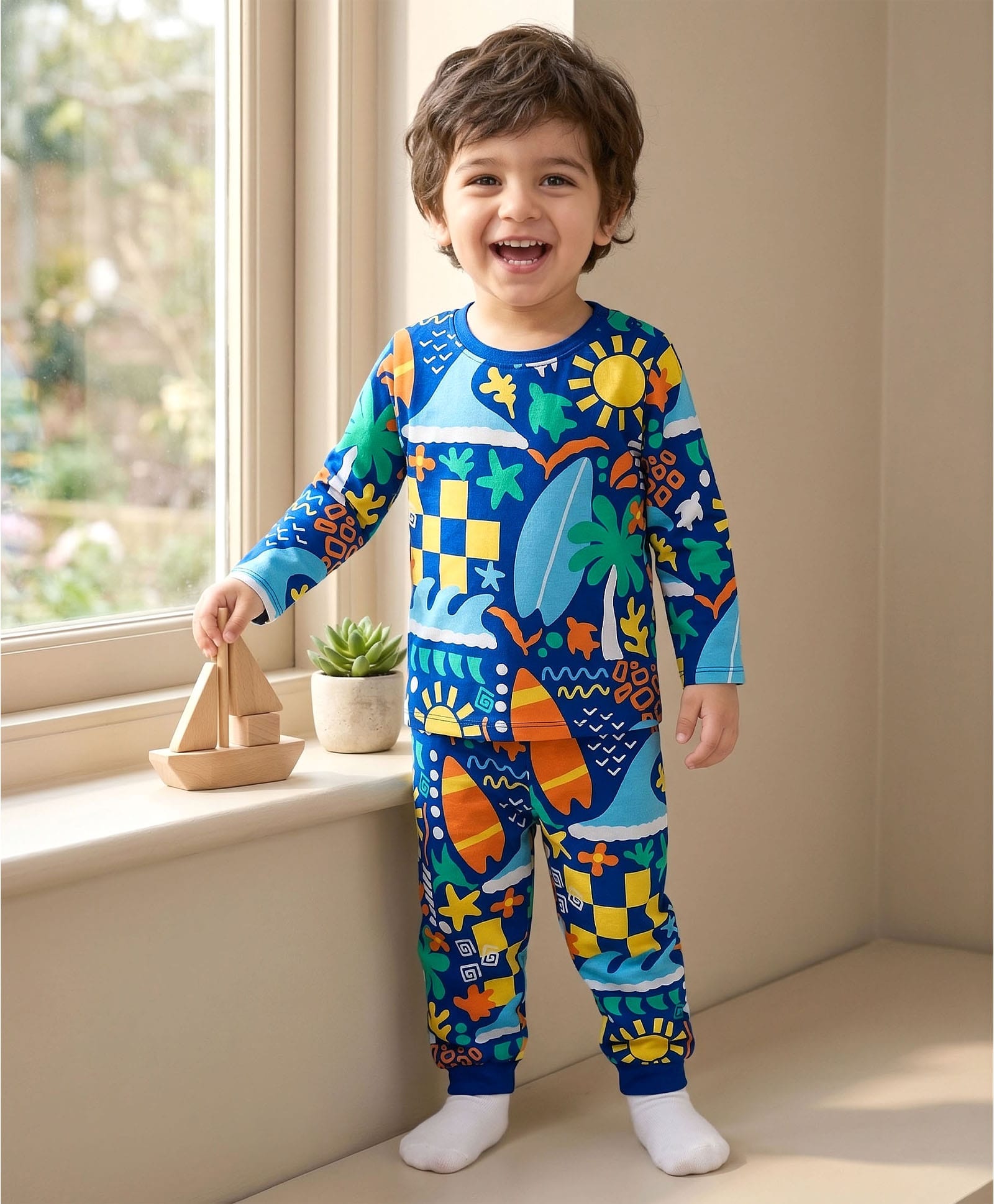 Babyhug Cotton Knit Full Sleeves T-Shirt & Lounge Pant Co-ords Night Suit With Tropical Theme Print - Navy Blue-image-30