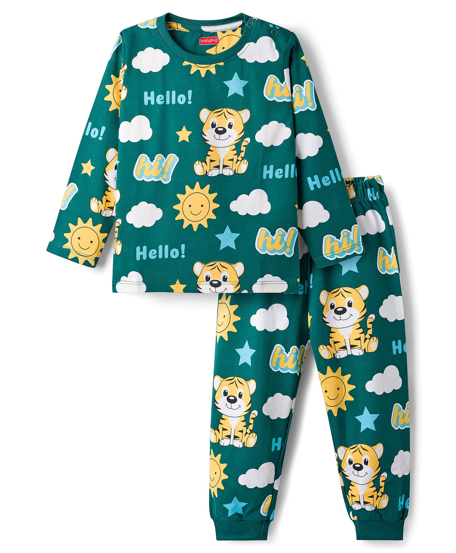 Babyhug Cotton Knit Full Sleeves Tiger Printed Co-Ords Pyjama Night Suit - Green