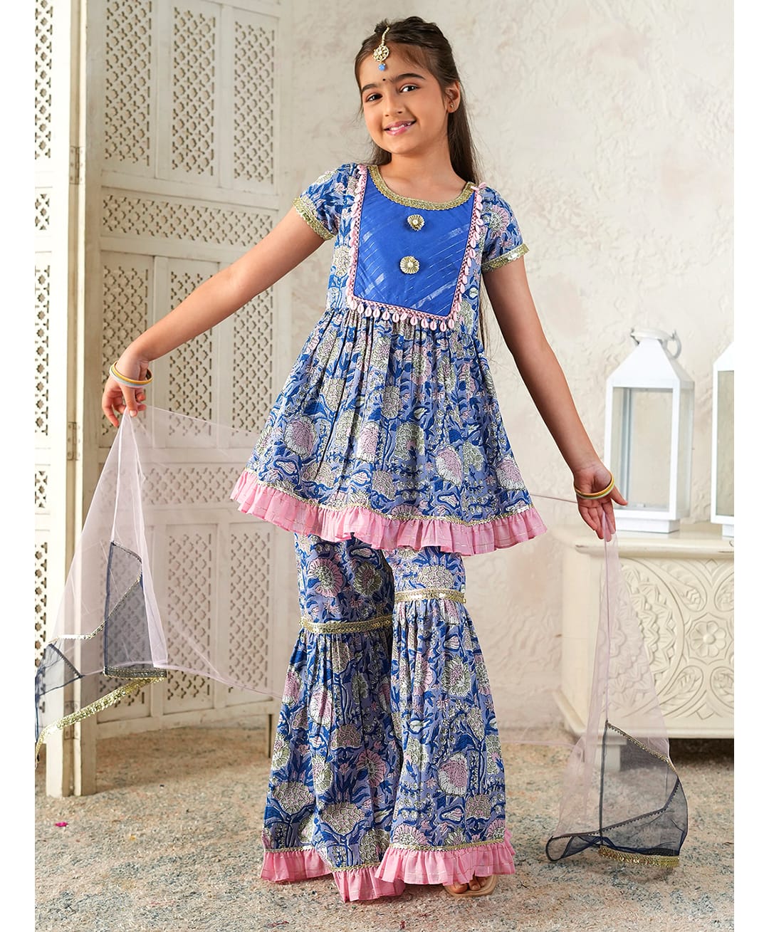 Pspeaches Cotton Woven Half Sleeves Floral Printed Kurti & Sharara with Dupatta Set - Blue-picture-12