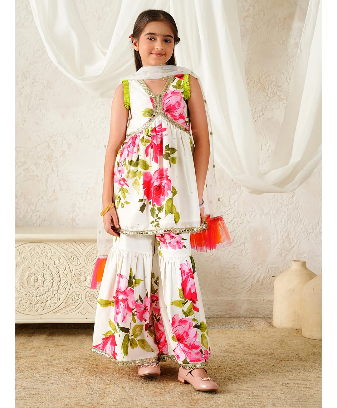 Pspeaches Cotton Blend Woven Sleevelss Floral Printed Kurti & Sharara with Dupatta Set - White-picture-26