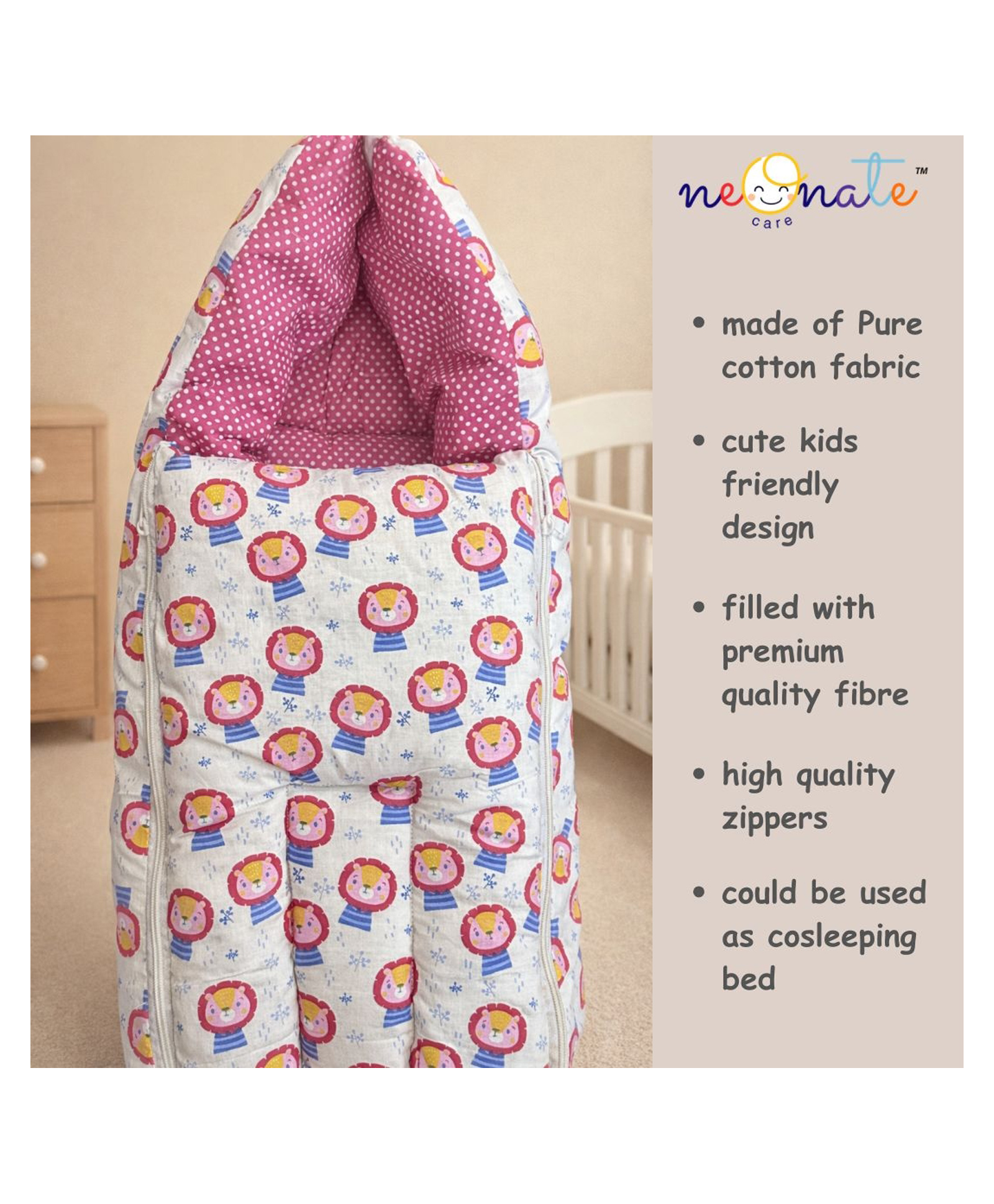 NeonateCare Baby Sleeping Cum Carrying Bag - Pink Lion sleeping bag-image-8