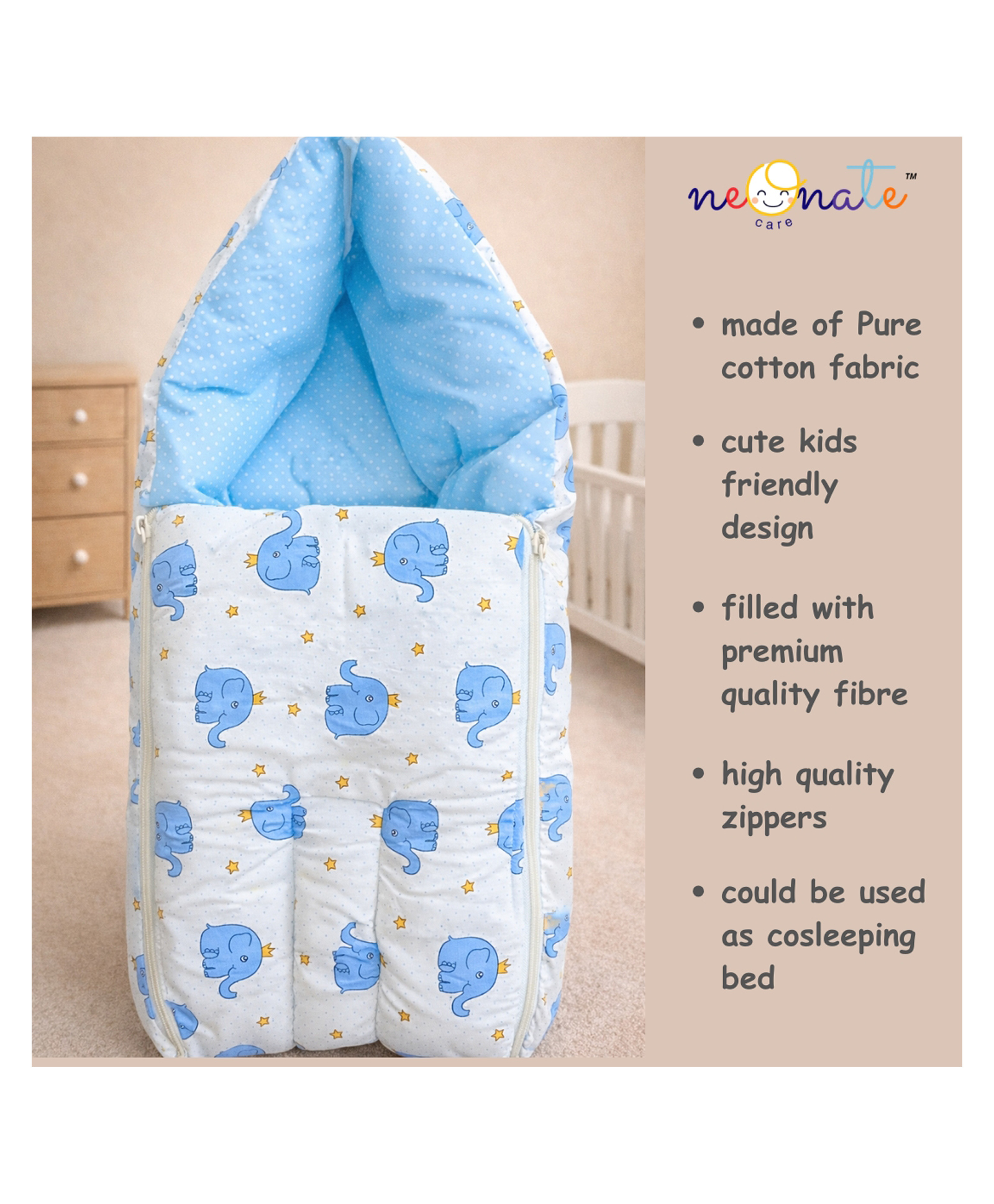NeonateCare Baby Sleeping Cum Carrying Bag - Blue elephant sleeping bag-image-38