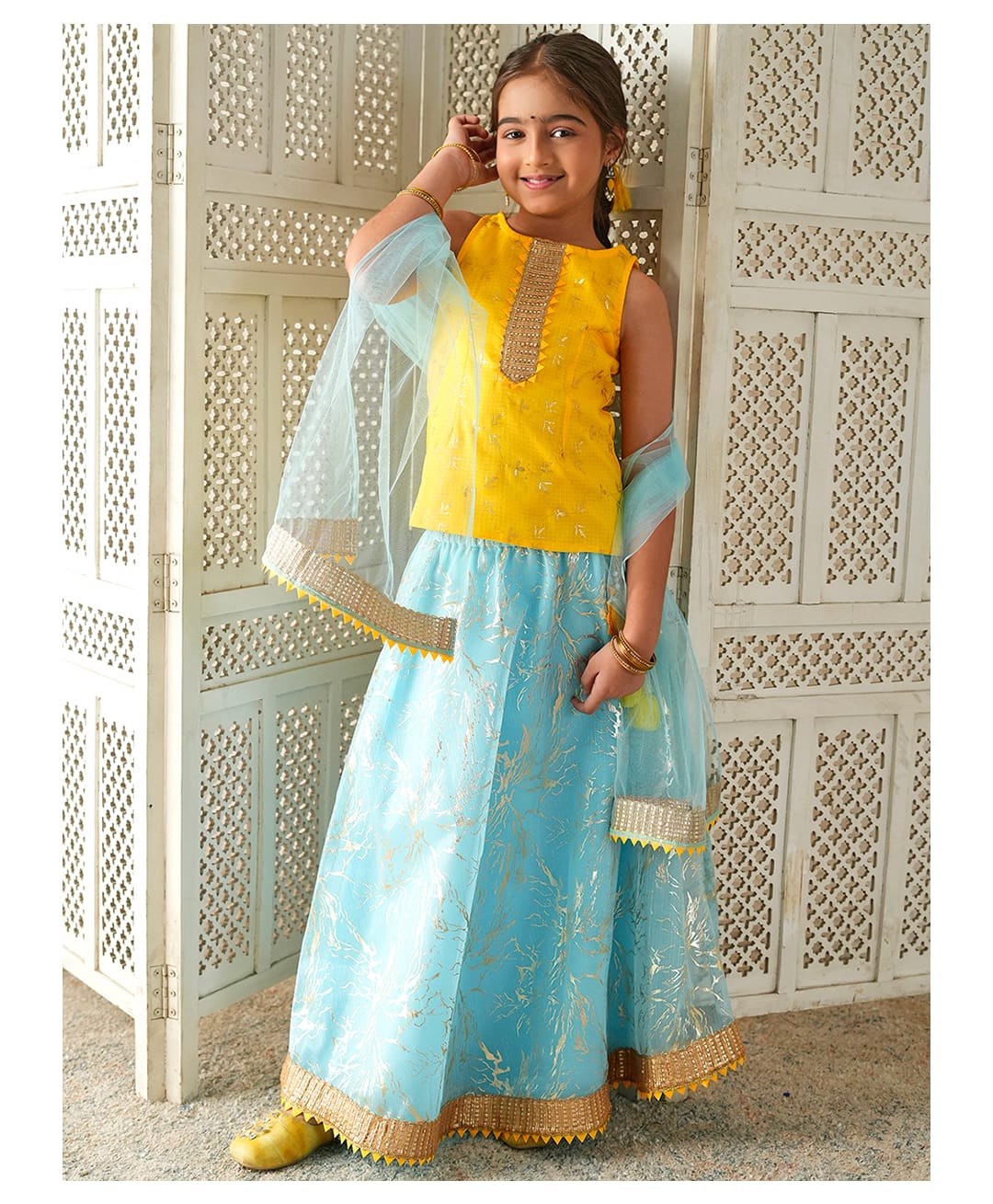 Pspeaches Cotton Woven Sleeveless Abstract Printed Gota Lace Embellished Lehenga Choli Set With Dupatta - Yellow-picture-27