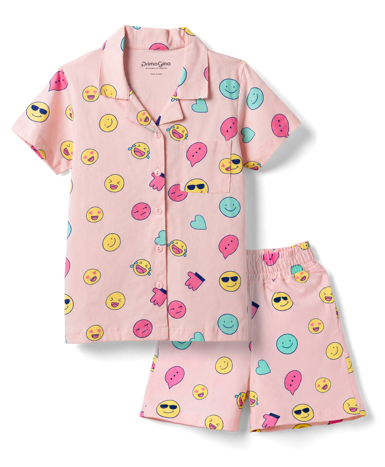 Primo Gino 100% Cotton Knit Half Sleeves Emojis Printed Co-Ords Shirt & Shorts Night Suit - Pink-image-32