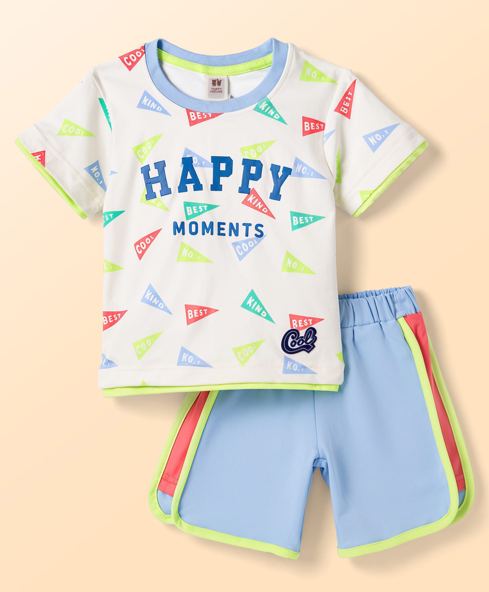 ToffyHouse Interlock Knit Half Sleeves T-Shirt & Shorts Set With Text Print - White-picture-27
