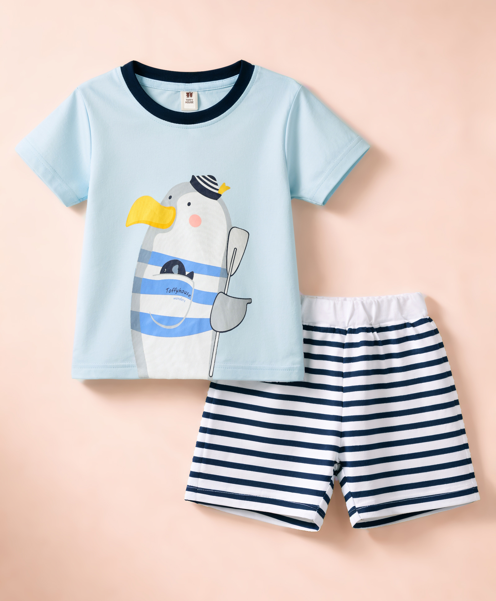 ToffyHouse Interlock Knit Half Sleeves T-Shirt & Shorts Set with Seagull Print - Blue-image-38