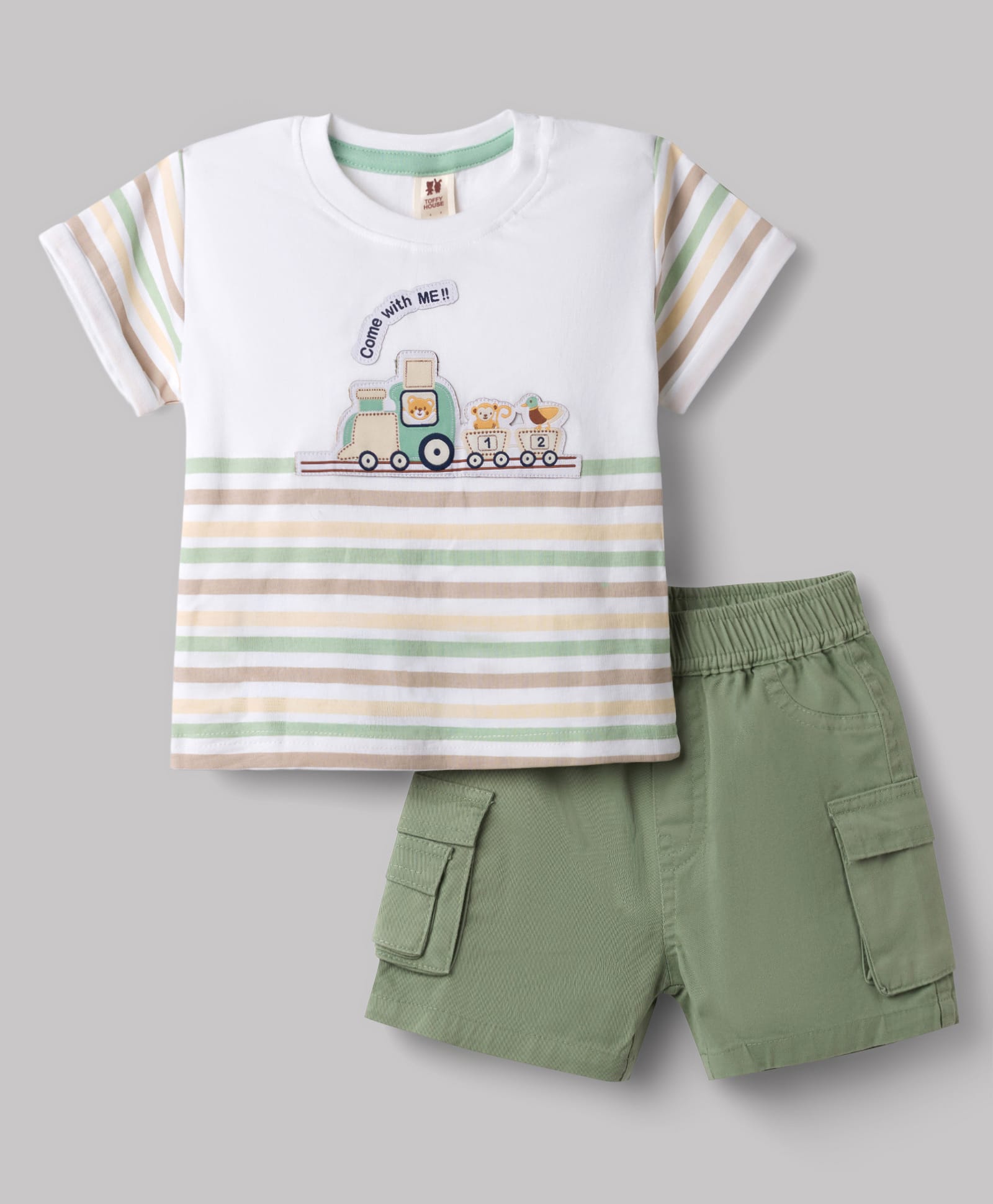 ToffyHouse Interlock Knit Half Sleeves Striped T-Shirt & Shorts Set With Train & Animal Patch - White & Green-image-7