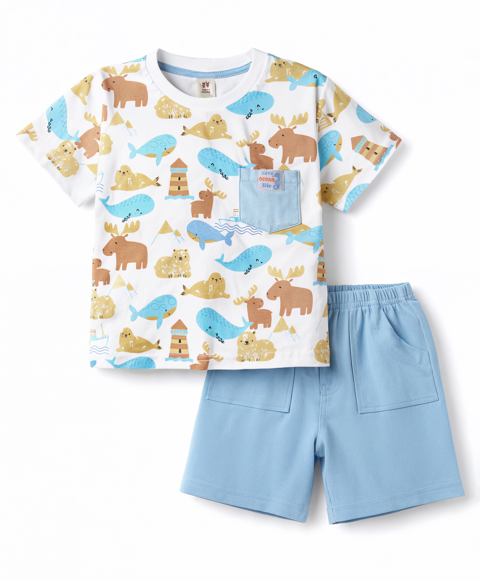 ToffyHouse Interlock Knit Half Sleeves T-Shirt & Shorts Set with Animal Print - White-image-29