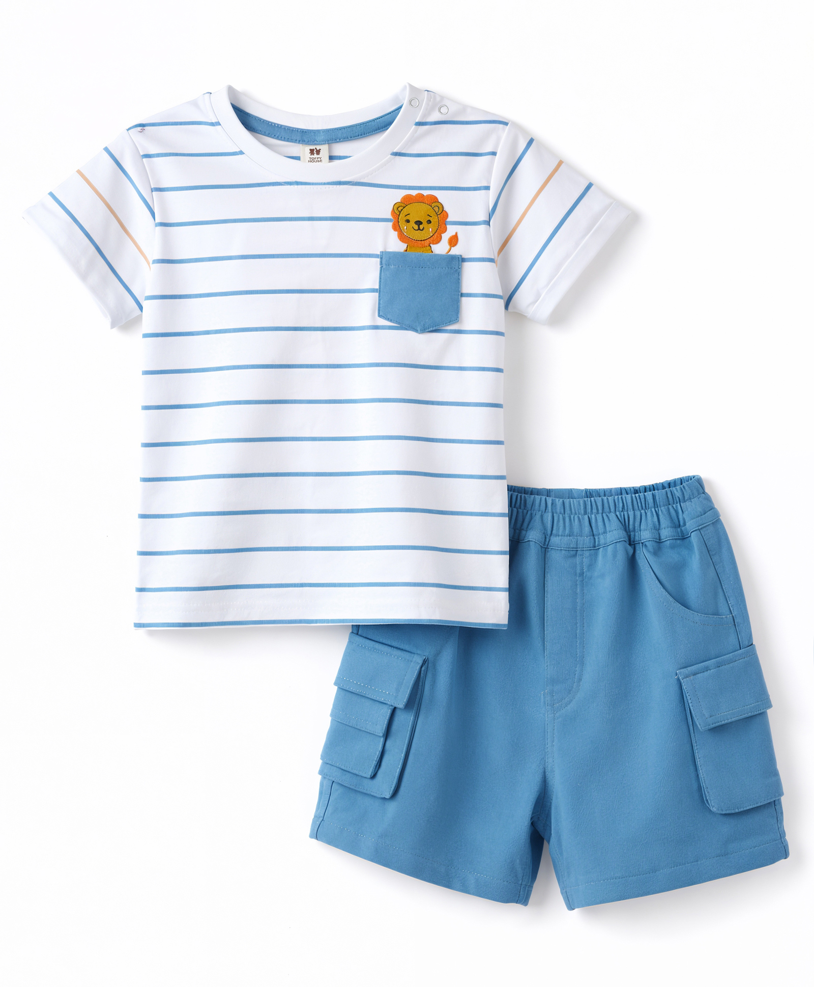 ToffyHouse Interlock Knit Half Sleeves Striped T-Shirt & Shorts Set with Lion Patch - Blue-image-43