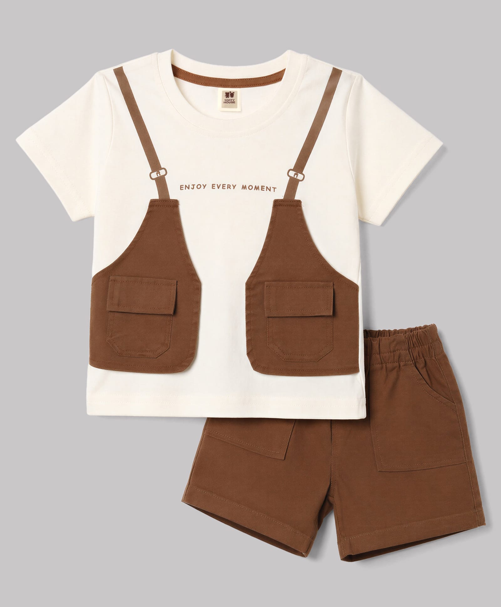 ToffyHouse Interlock Knit Half Sleeves Text Printed T-Shirt & Shorts Set With Pocket Applique - Cream-image-36