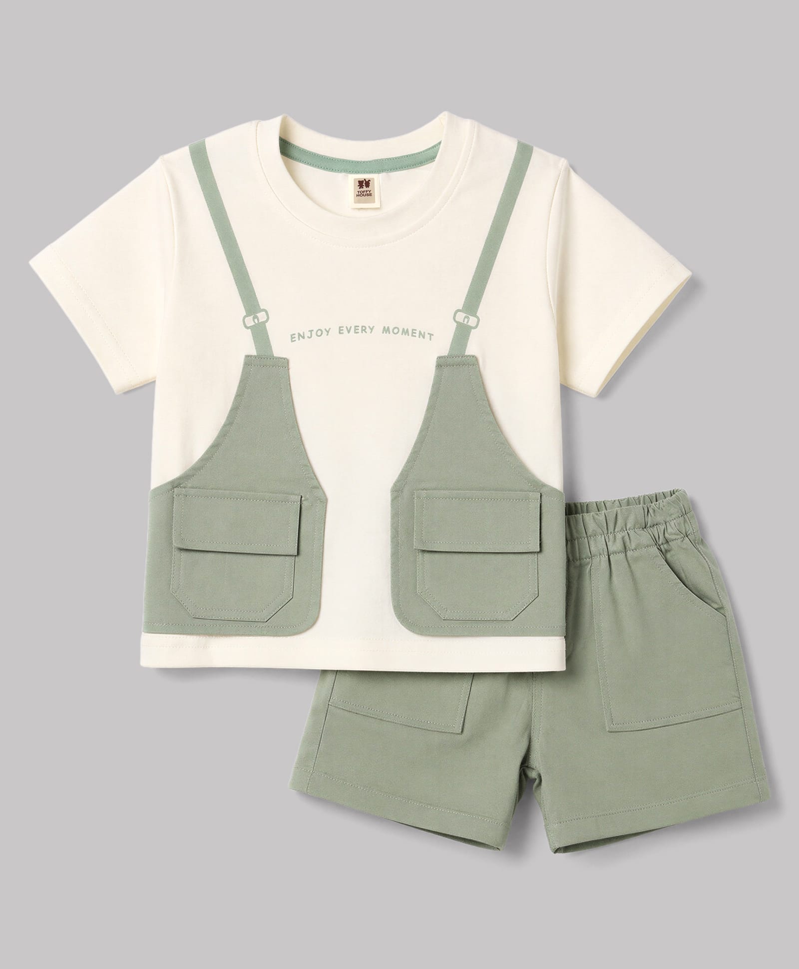 ToffyHouse Interlock Knit Half Sleeves Text Printed T-Shirt & Shorts Set With Pocket Applique - Cream-image-34