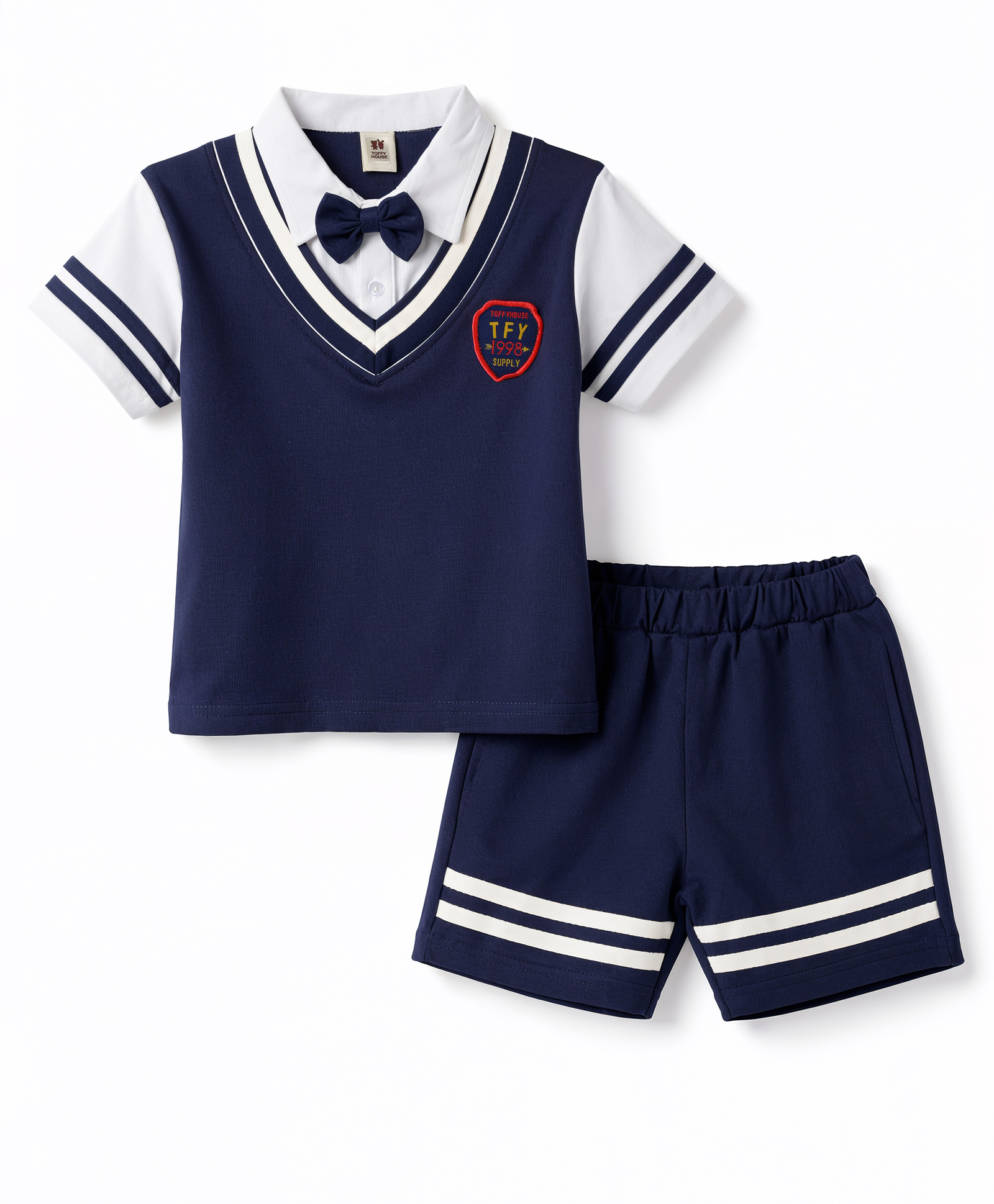 ToffyHouse Interlock Knit Half Sleeves Polo T-Shirt & Shorts Set with Bow - Navy Blue-image-4
