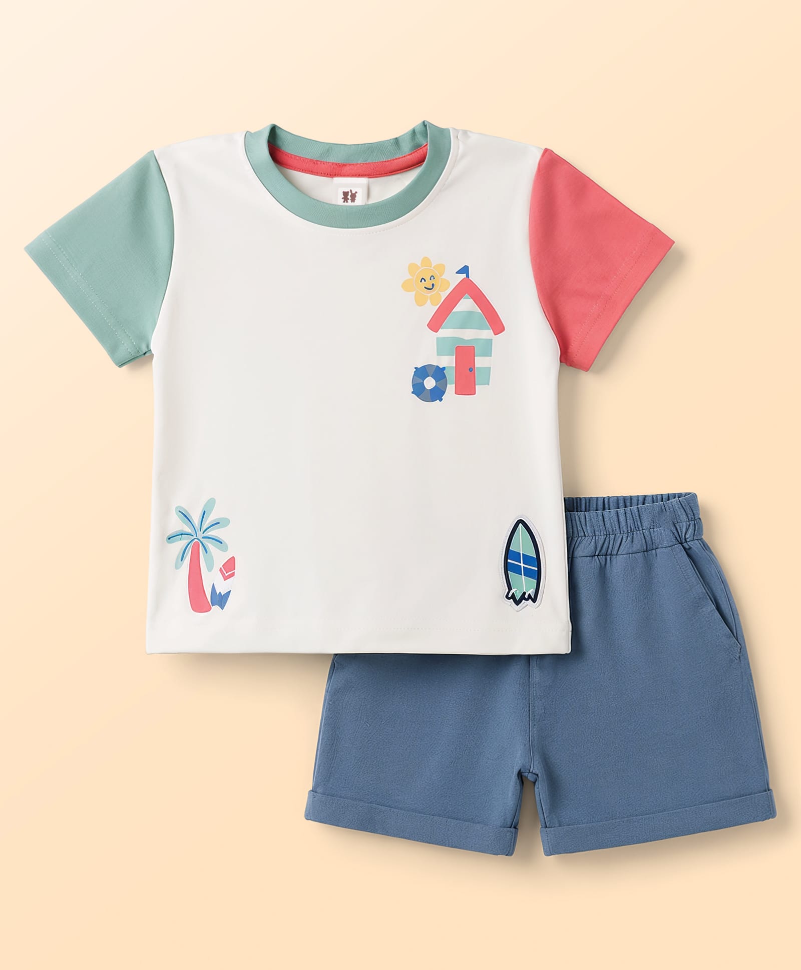 ToffyHouse Interlock Knit Half Sleeves T-Shirt & Shorts Set With Beach Theme - White & Blue-picture-12